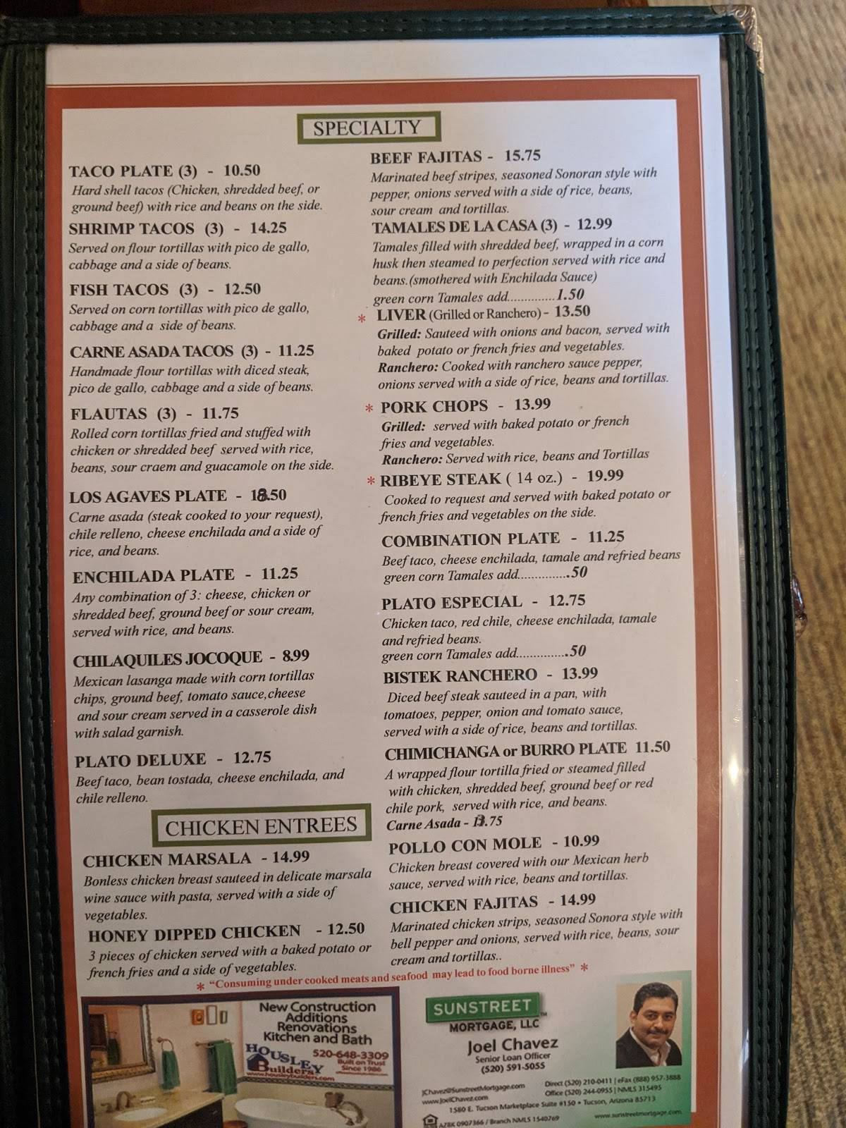 Menu at Los Agaves Restaurant, Green Valley