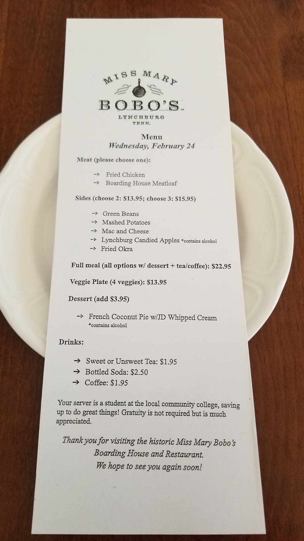 Menu at Miss Mary Bobo's Restaurant, Lynchburg