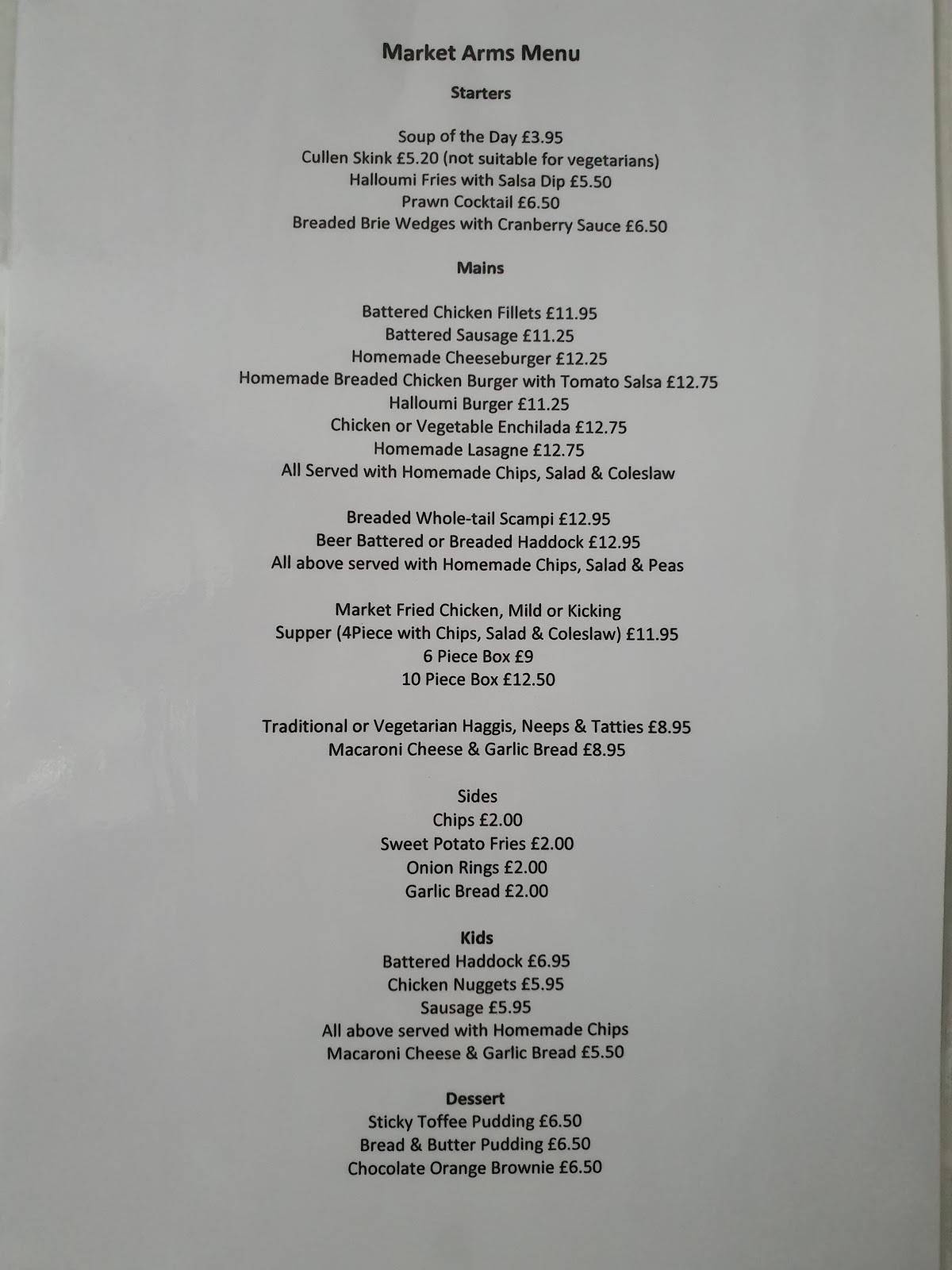 Menu at Market Arms pub & bar, Banff
