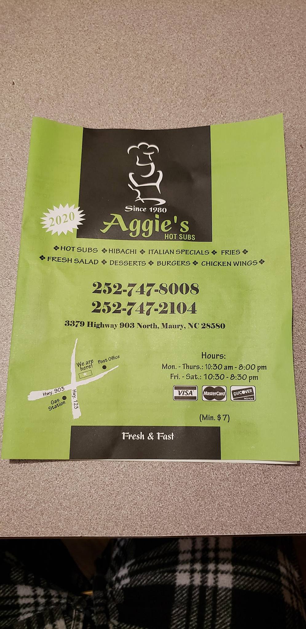 Menu at Aggie's Hot Subs restaurant, Maury, NC903