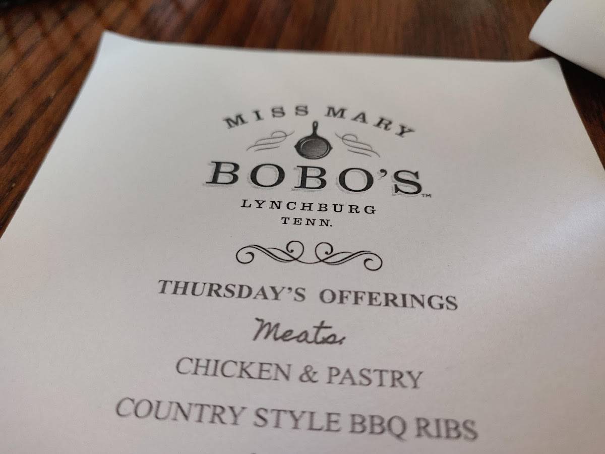 Menu at Miss Mary Bobo's Restaurant, Lynchburg