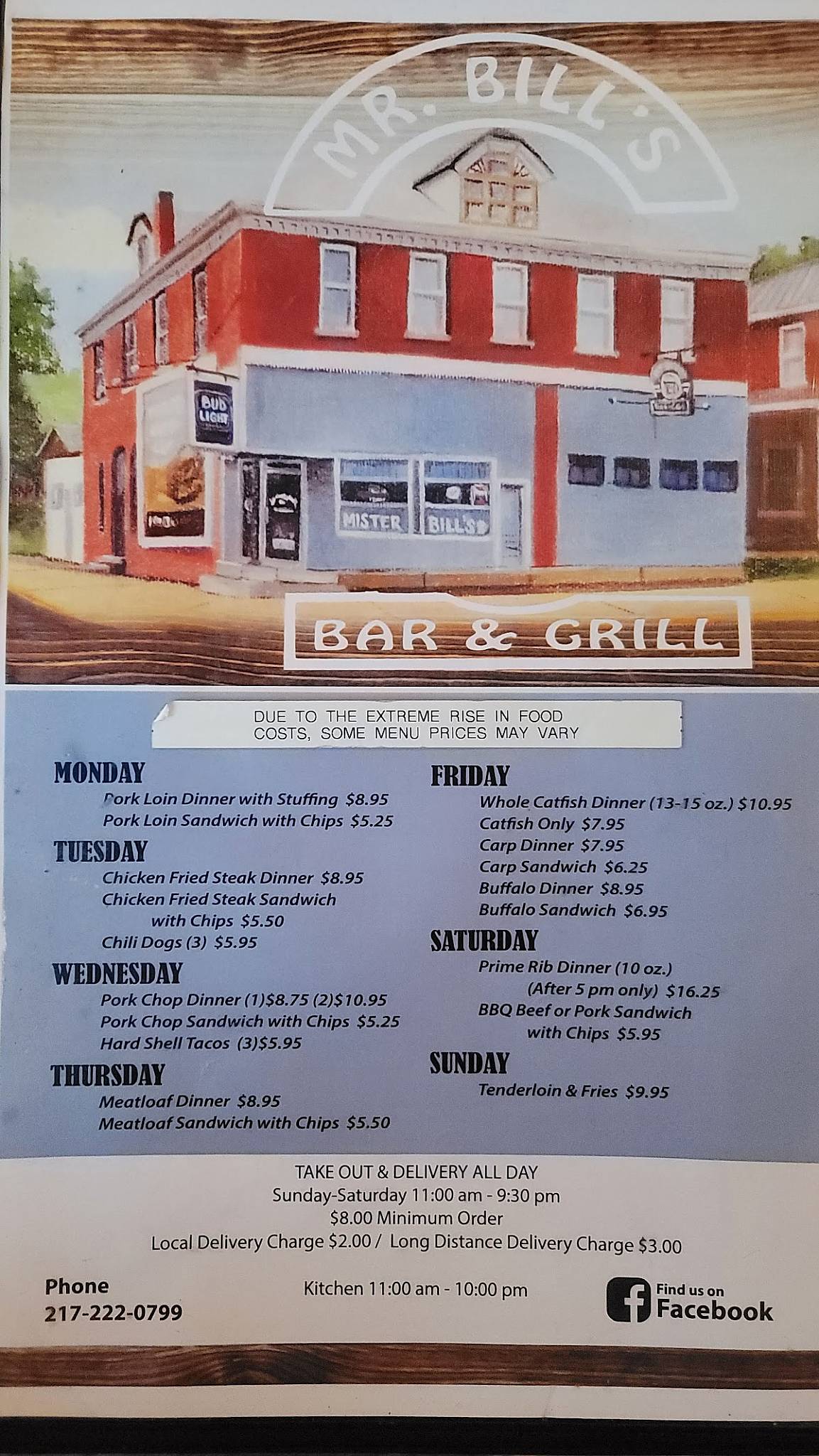 Menu at Mr Bill's Bar & Grill, Quincy