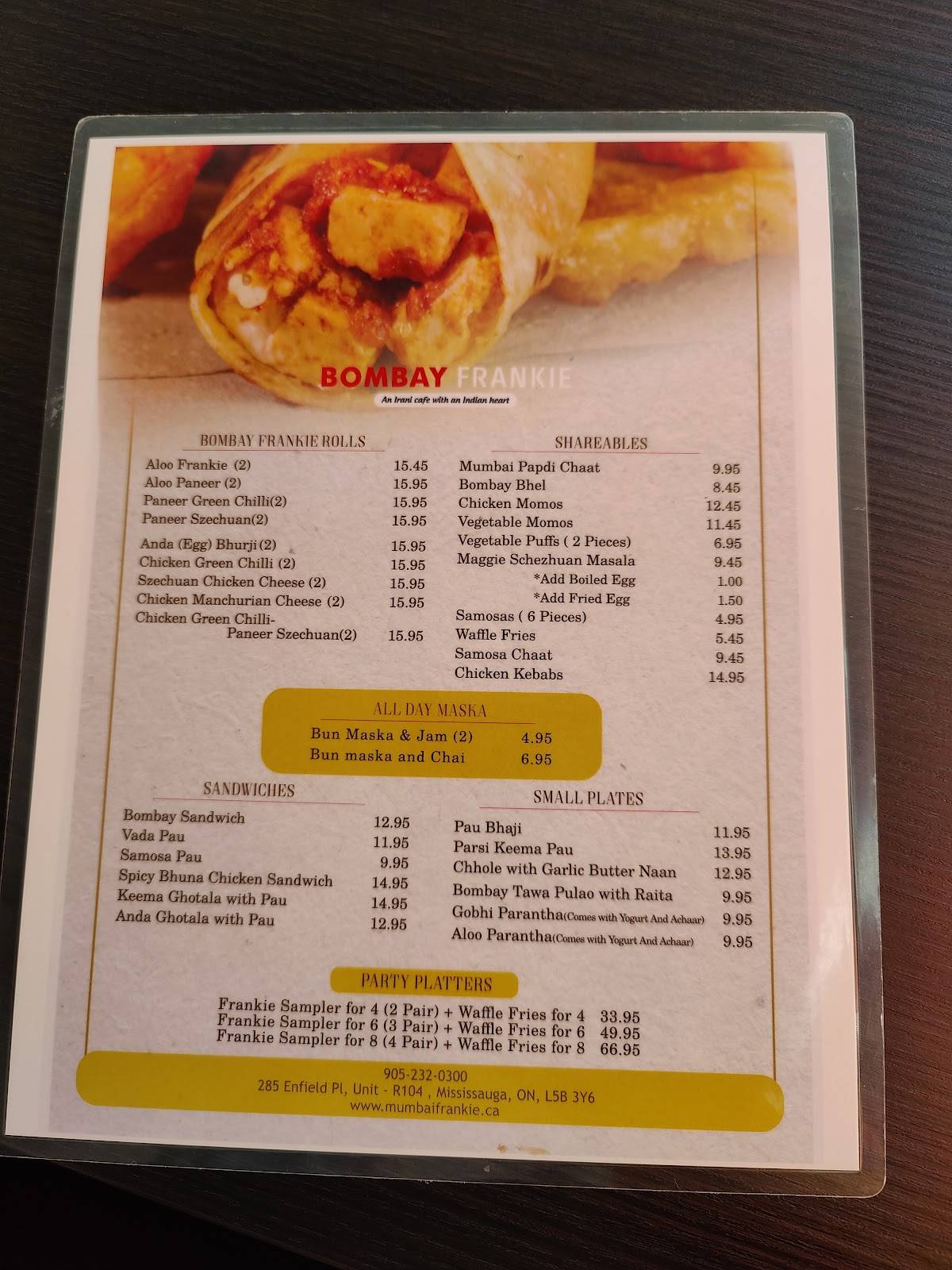 Menu au Mumbai Frankie Mississauga - The Original Bombay Roll ...