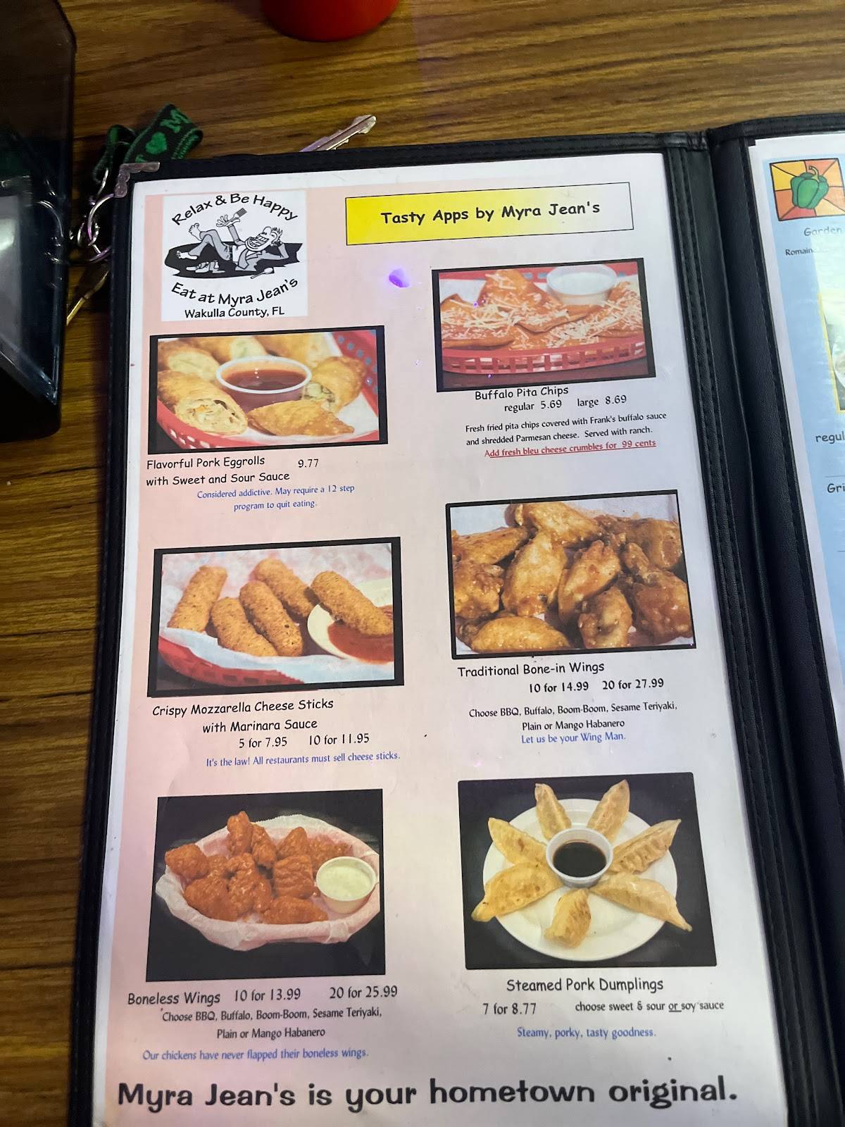 Menu at Myra Jean's restaurant, Crawfordville