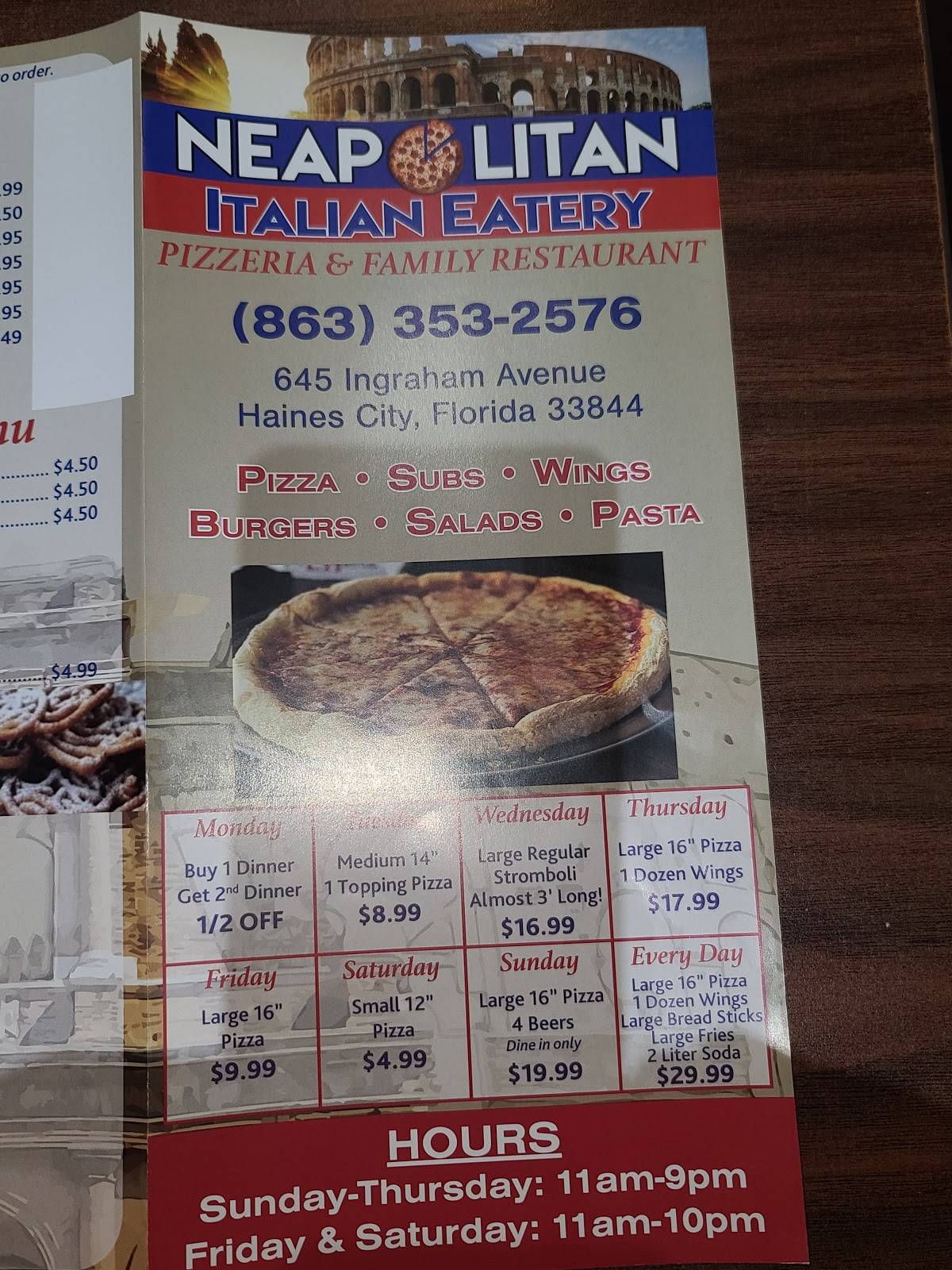 Menu at Neapolitan Italian Eatery pizzeria, Haines City
