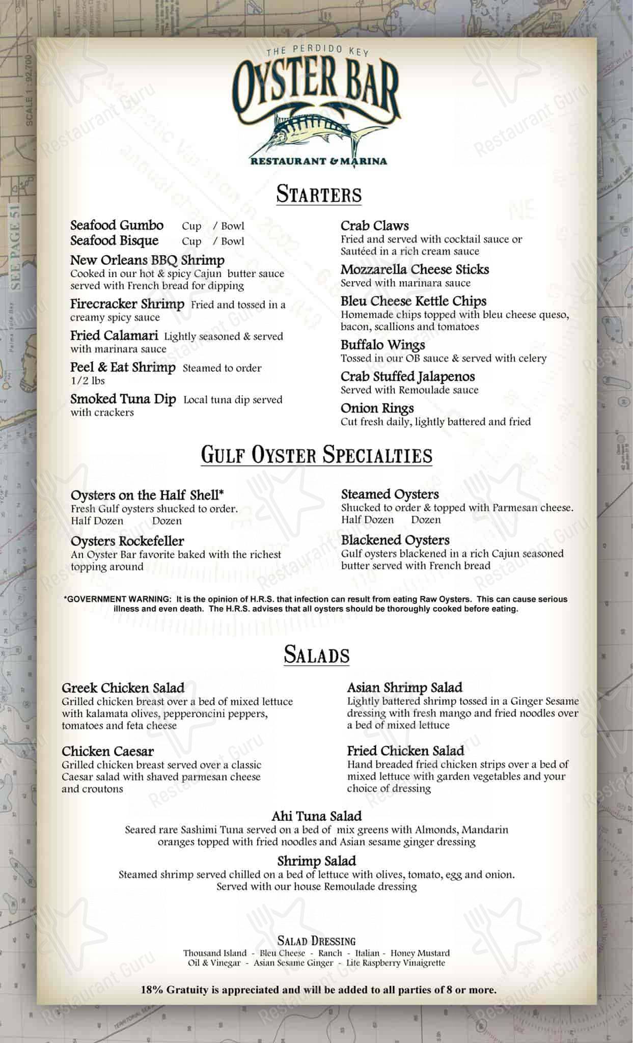 Menu at Oyster Bar Restaurant and Marina, Perdido Key