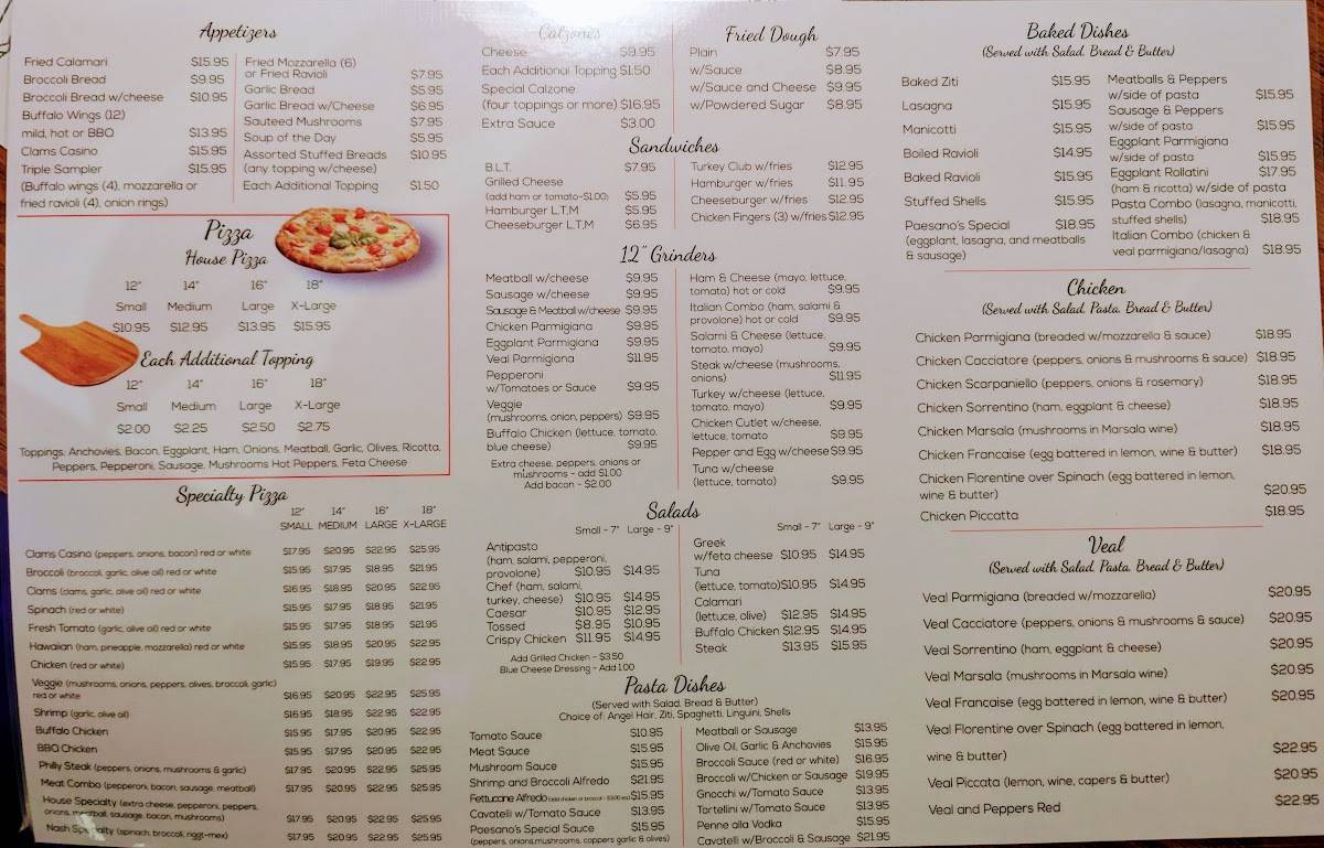 Menu at Paesano's Pasta House Restaurant, Naugatuck