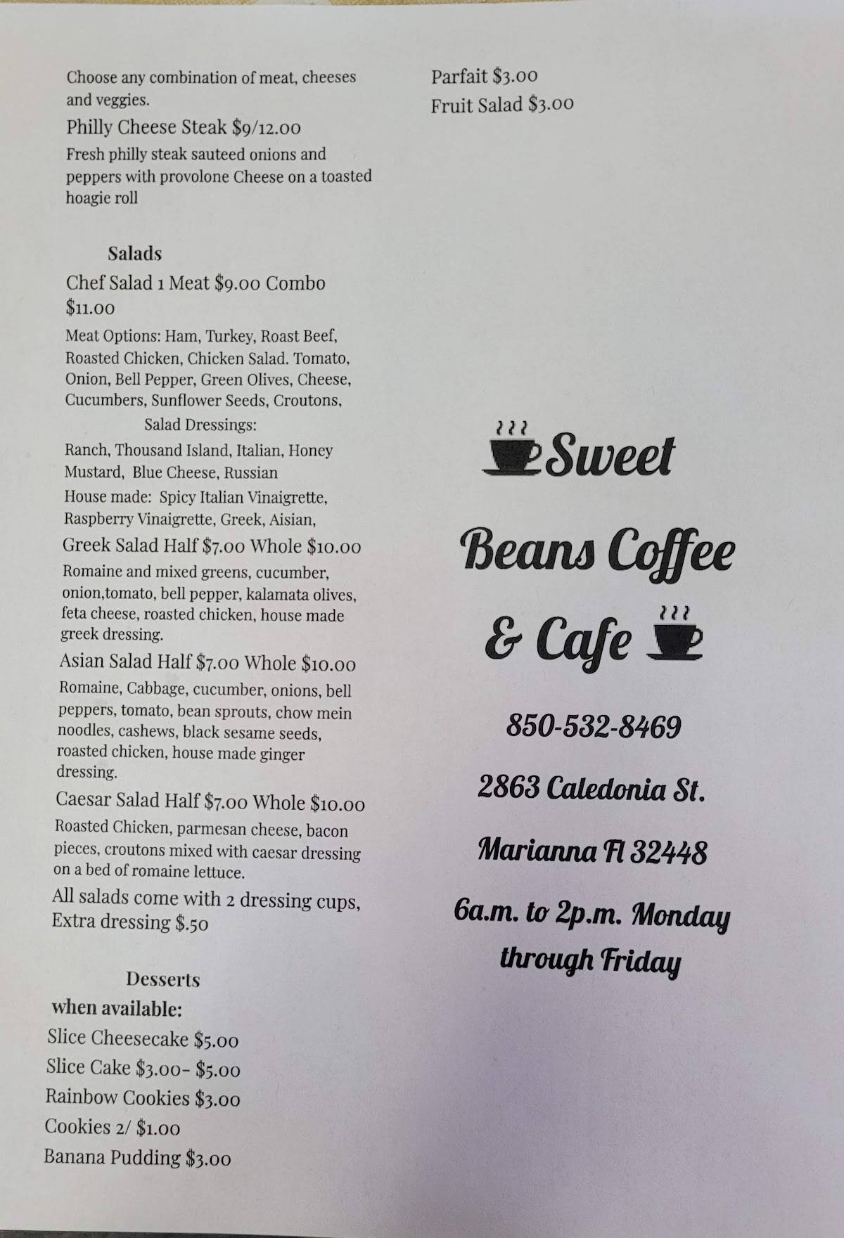 Menu at Penny's Sweet Beans restaurant, Marianna, US90