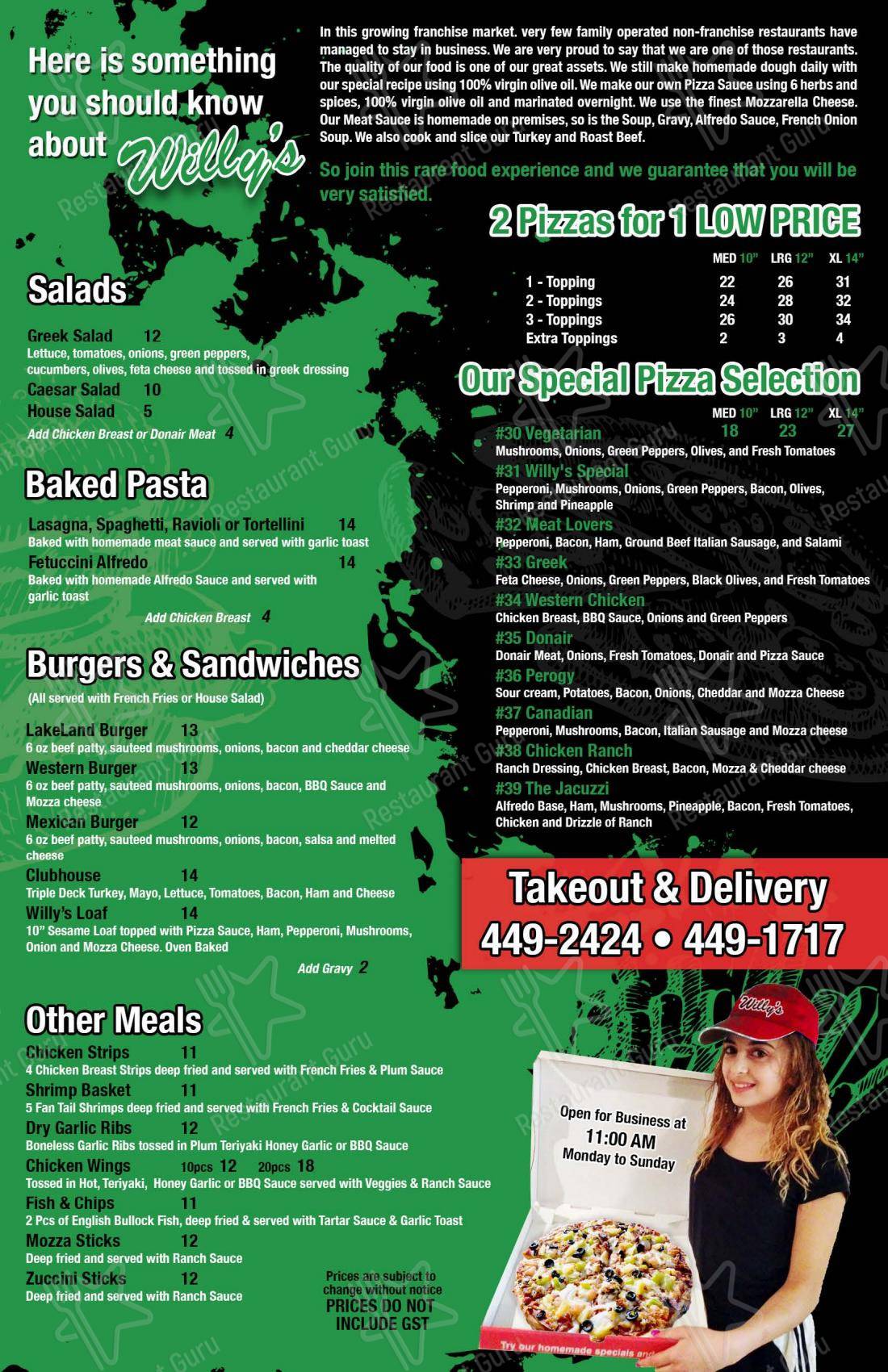 Menu au Willys Pizza Bar & Grill, Sherwood Park