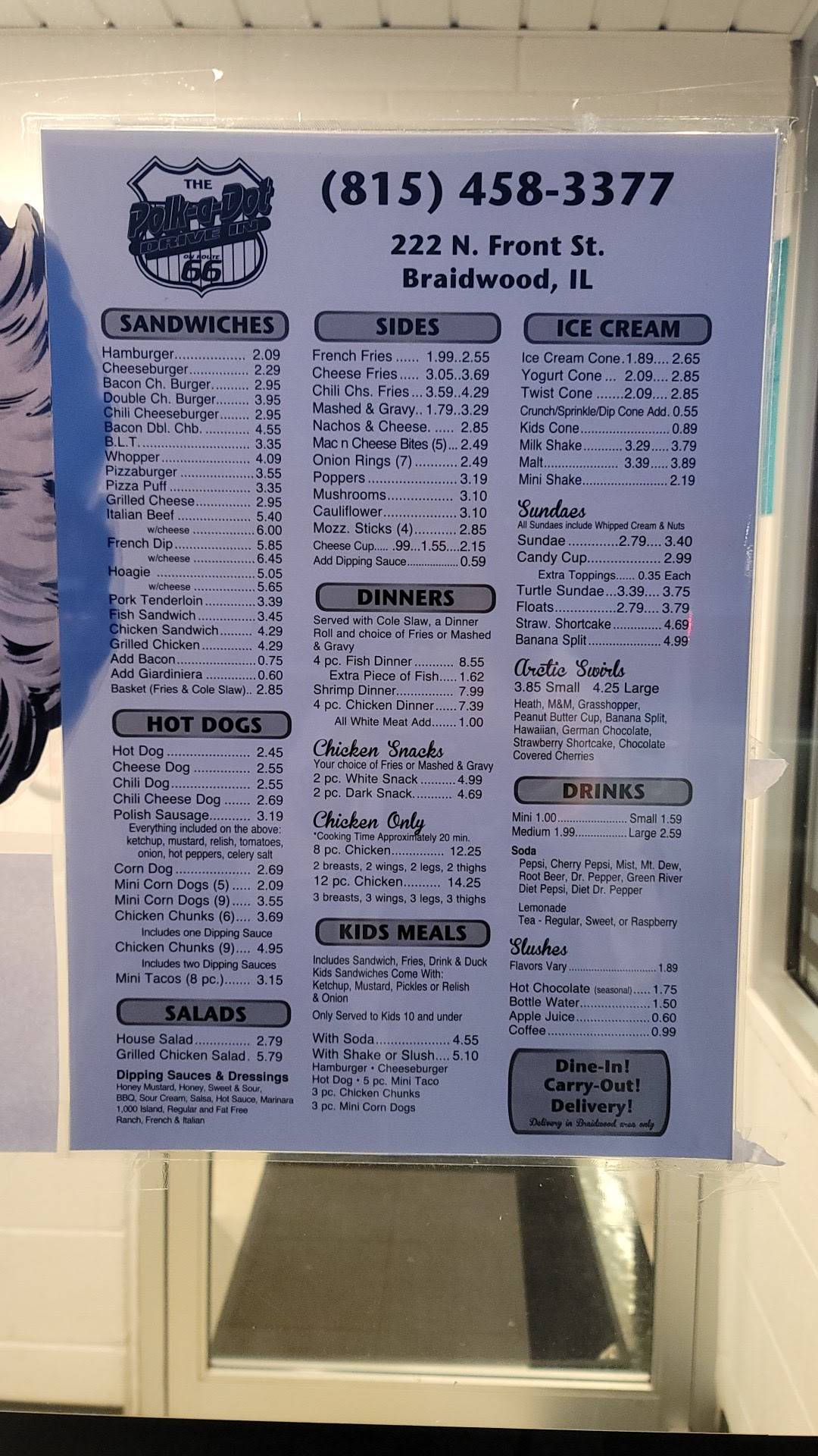 Menu at PolkADot Drive In fast food, Braidwood