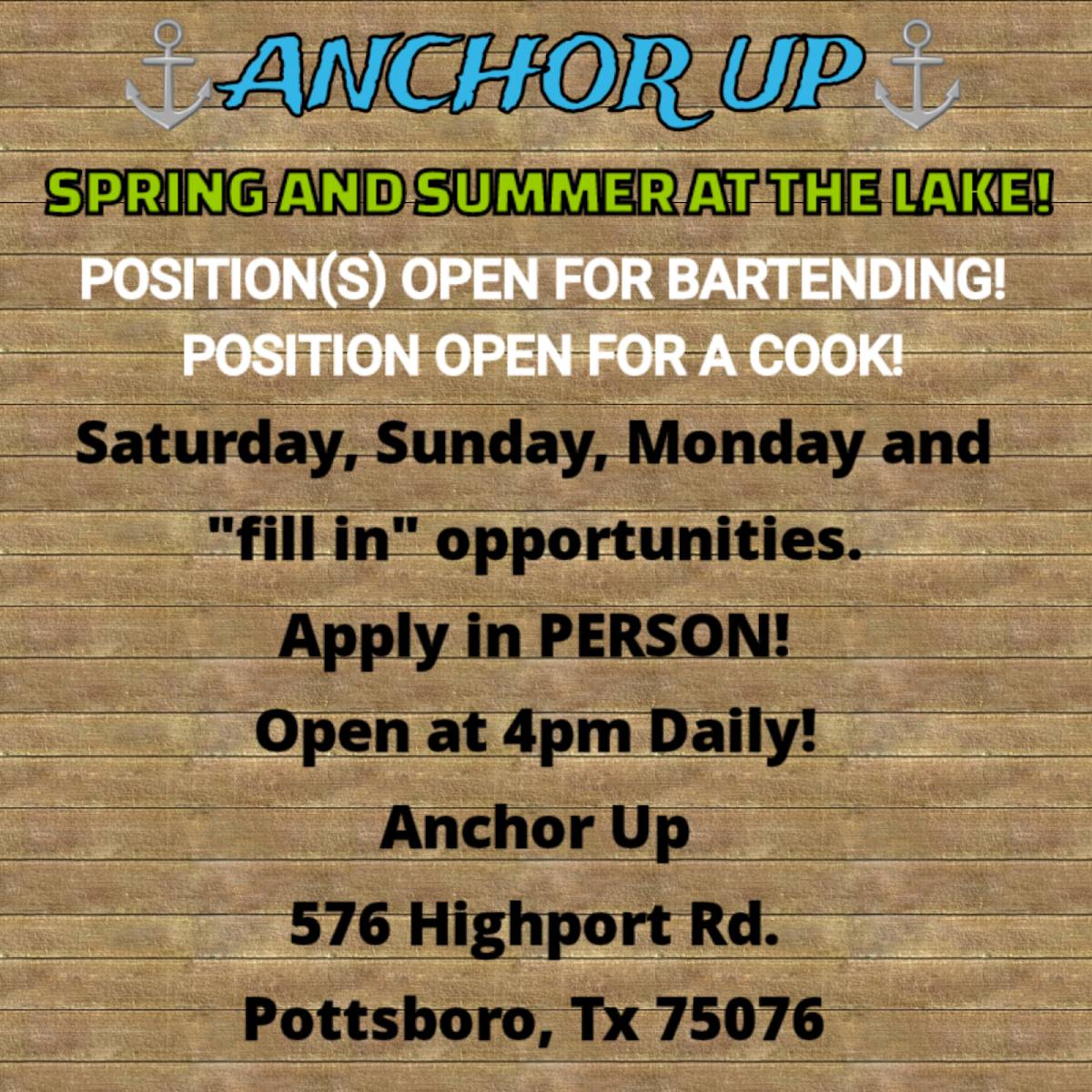 Menu at Anchor Up Club & Grill, Pottsboro