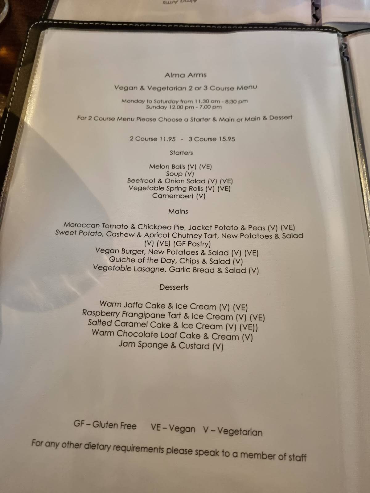 Menu at The Alma Arms Freehouse pub & bar, Navestock