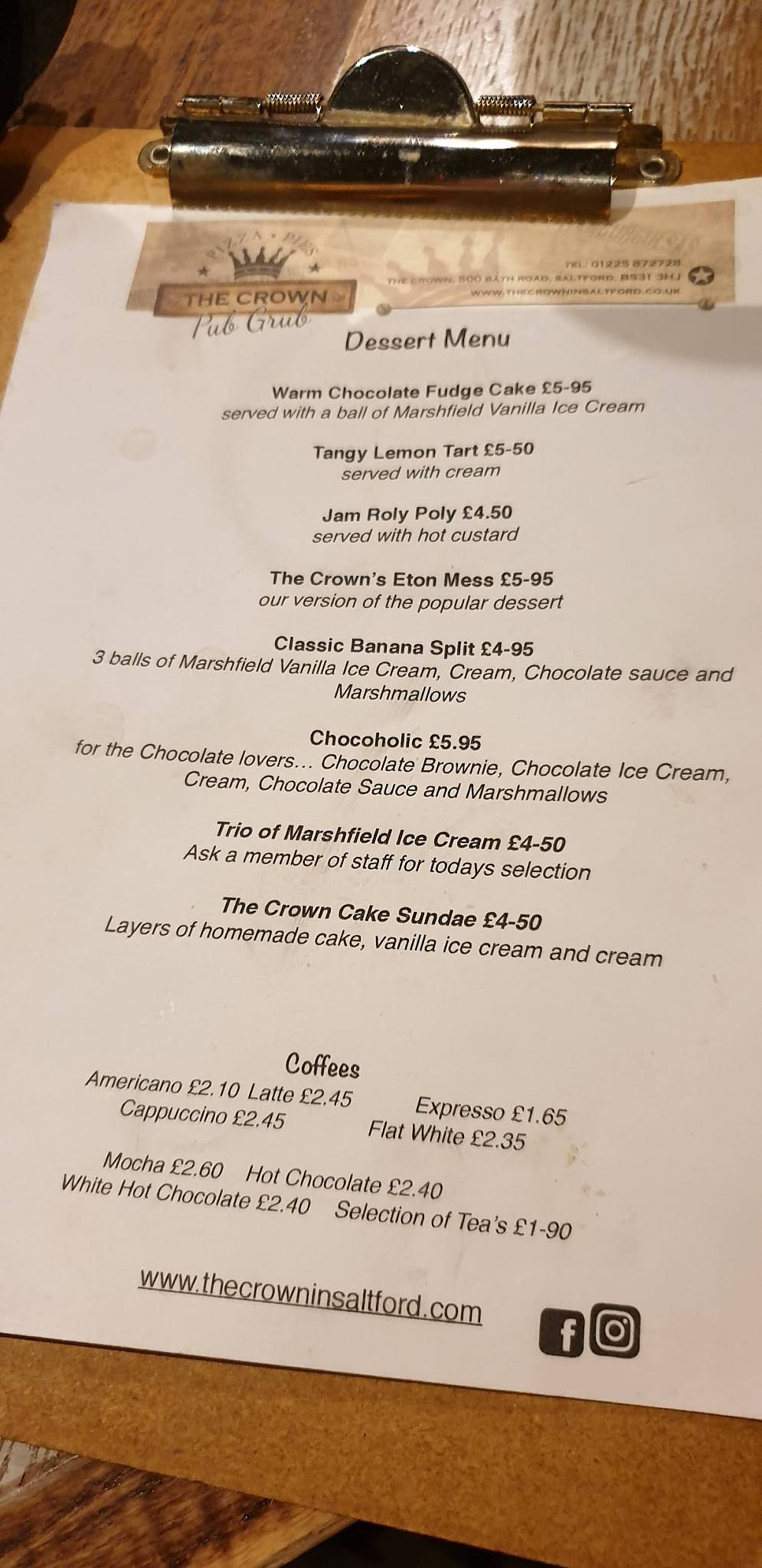 Menu at The Crown In Saltford pub & bar, Bristol, 500 Bath Rd