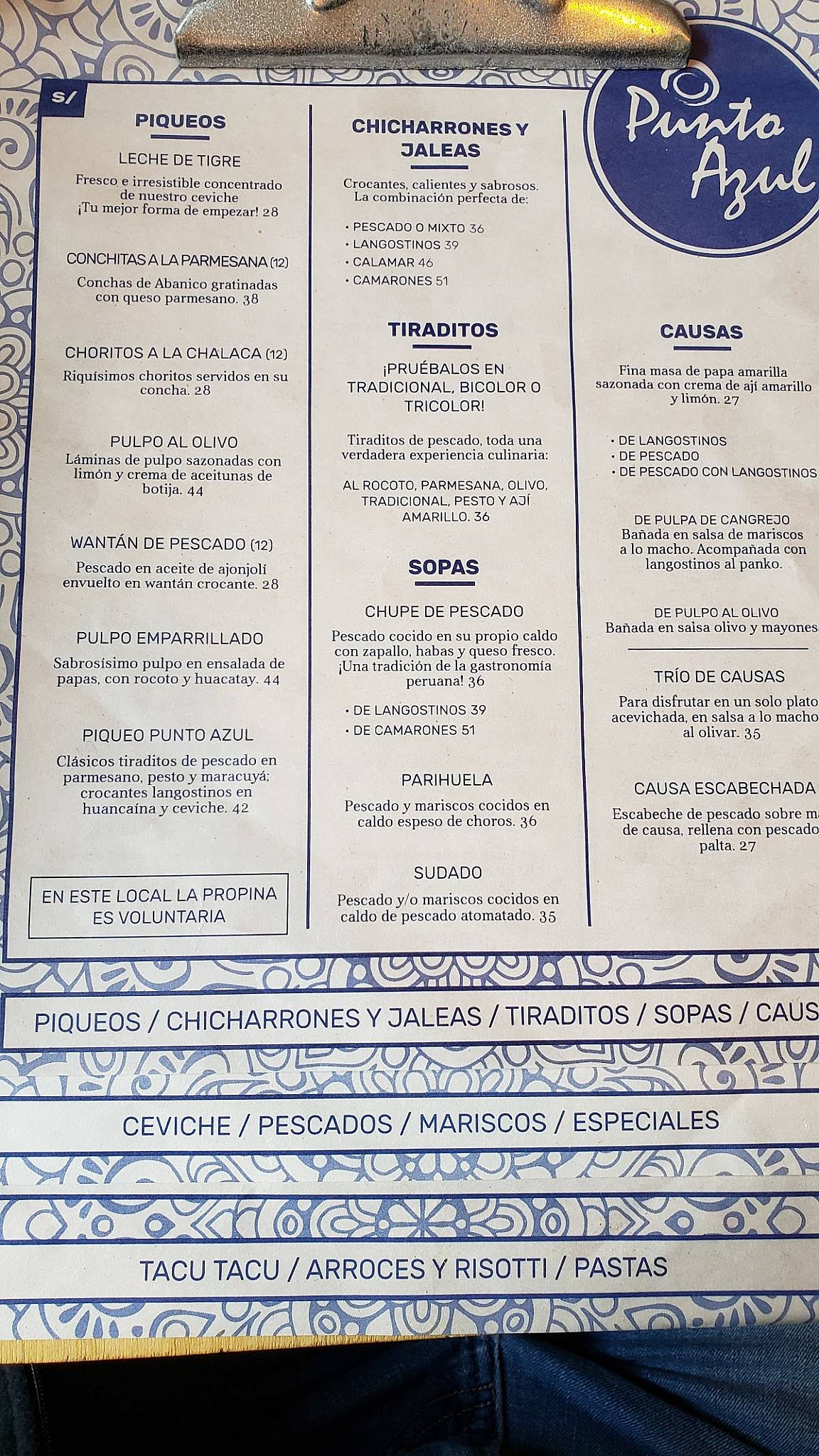 Carta del restaurante Punto Azul Benavides, Miraflores, Av. Alfredo Benavides 2370