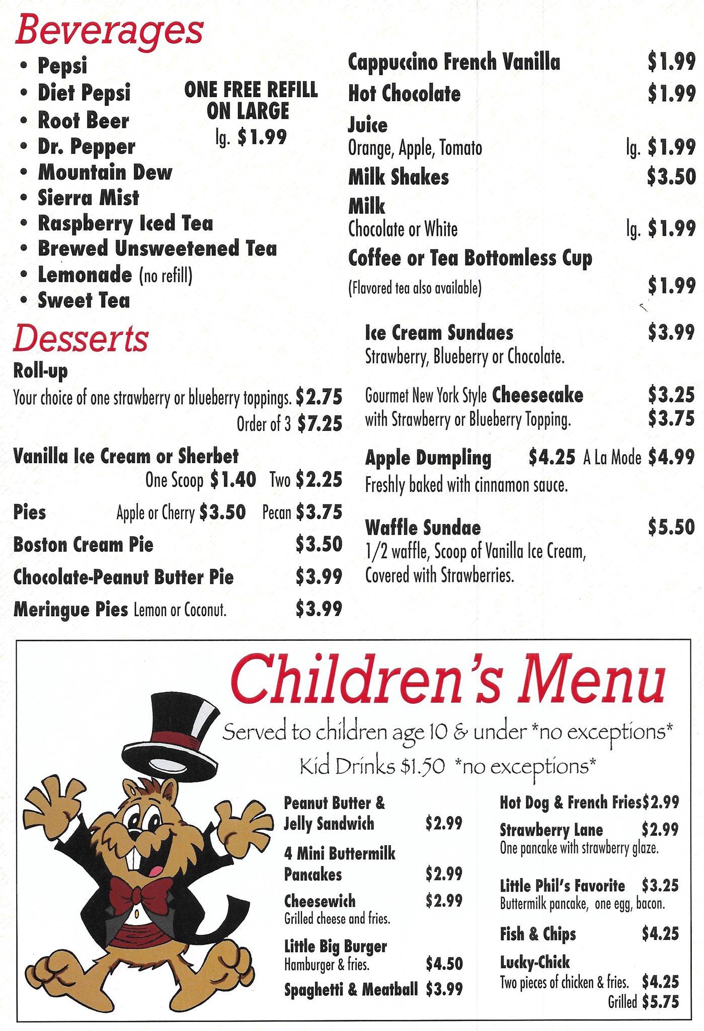 Menu at Punxy Phil's Family Restaurant, Punxsutawney