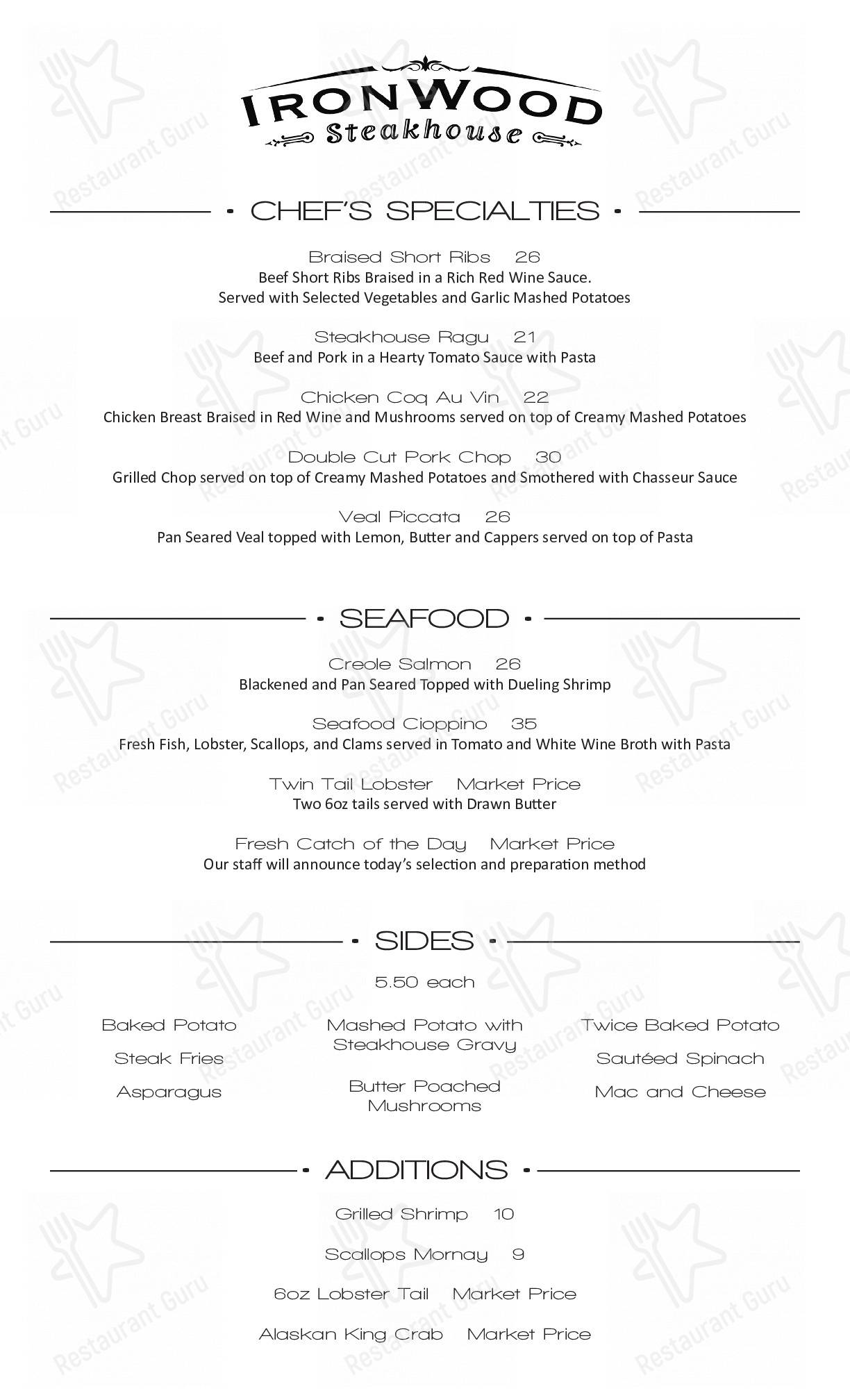 Menu at Ironwood Steakhouse, USA, 525 Algodones Rd