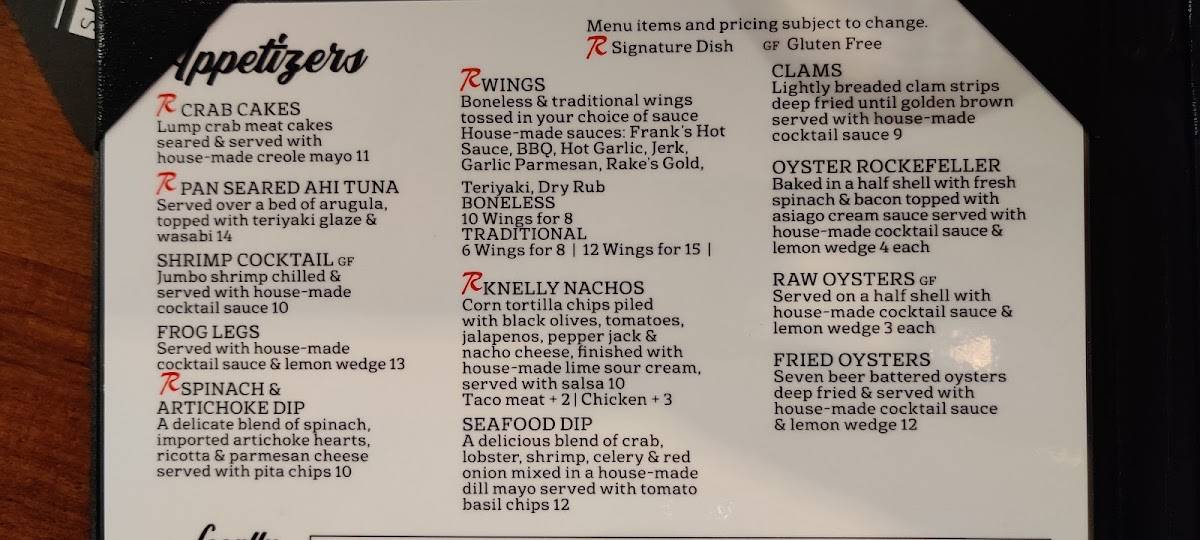 Menu at Rake's Place steakhouse, Zanesville