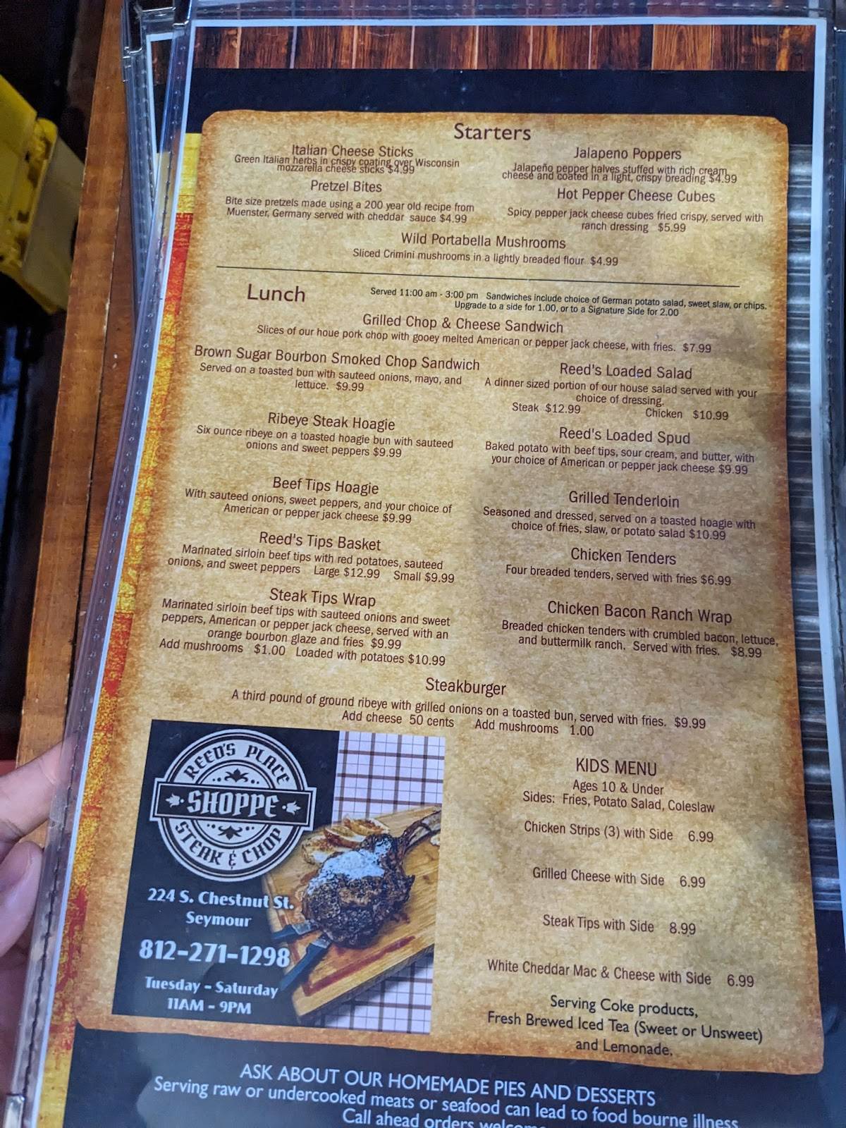 Menu at Reed’s Place Steak and Chop Shop steakhouse, Seymour