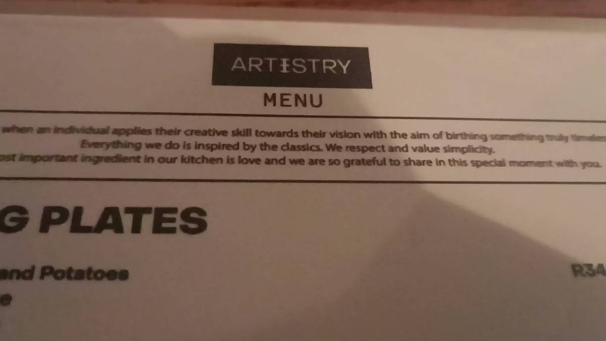 Menu at Artistry JHB restaurant, Sandton