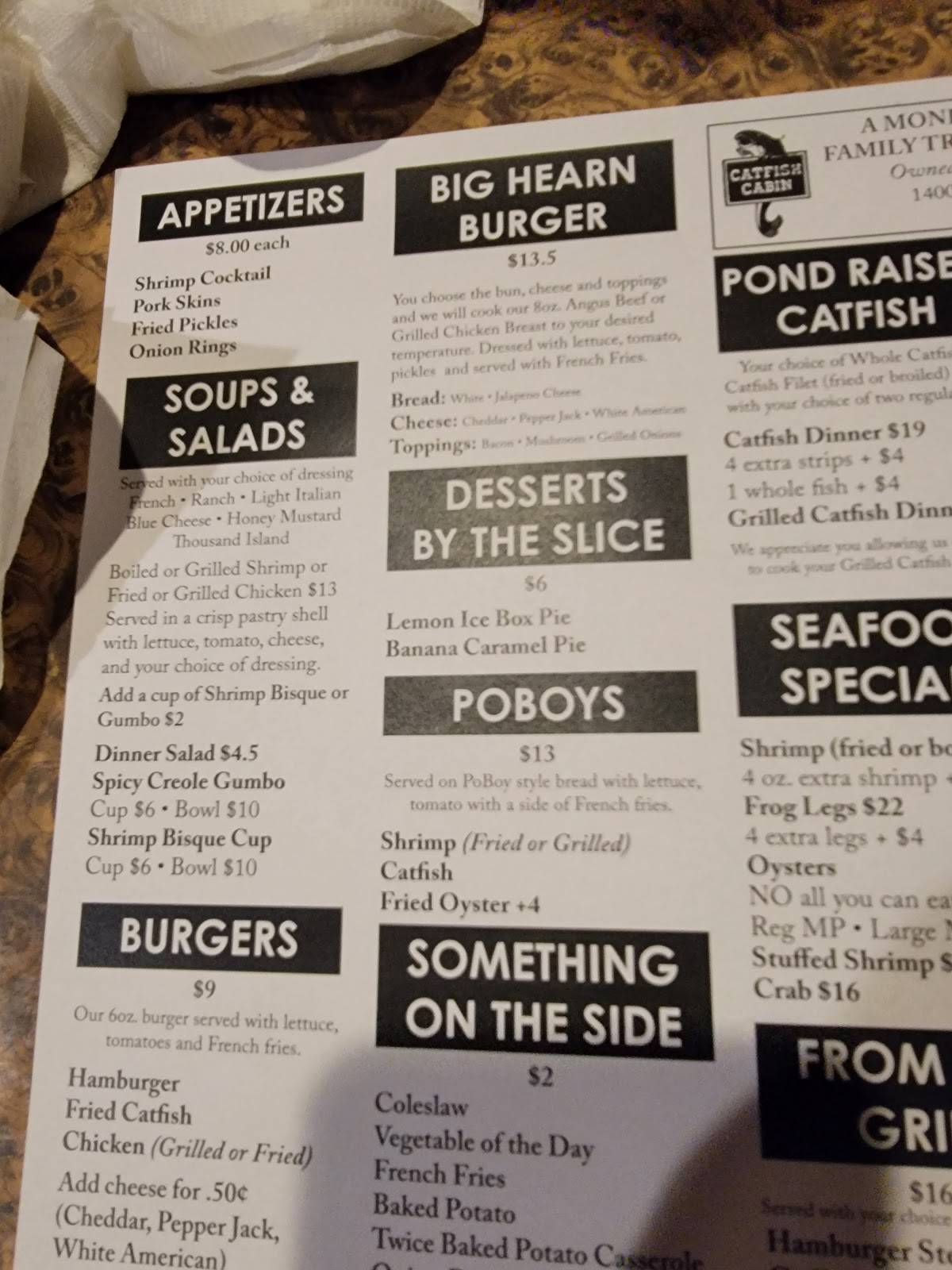 Menu at Catfish Cabin restaurant, Monroe, Louisville Ave