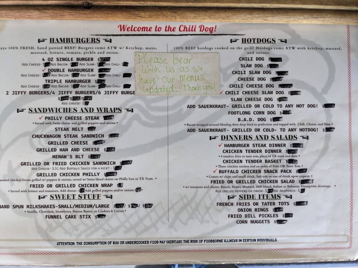 Menu at Chili Dog restaurant, Ellijay