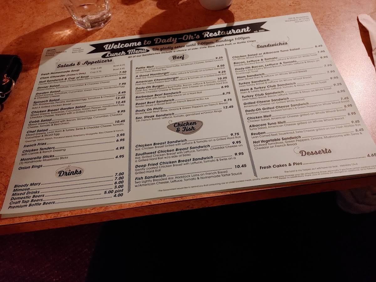 Menu at DadyOh's Restaurant, Waukesha