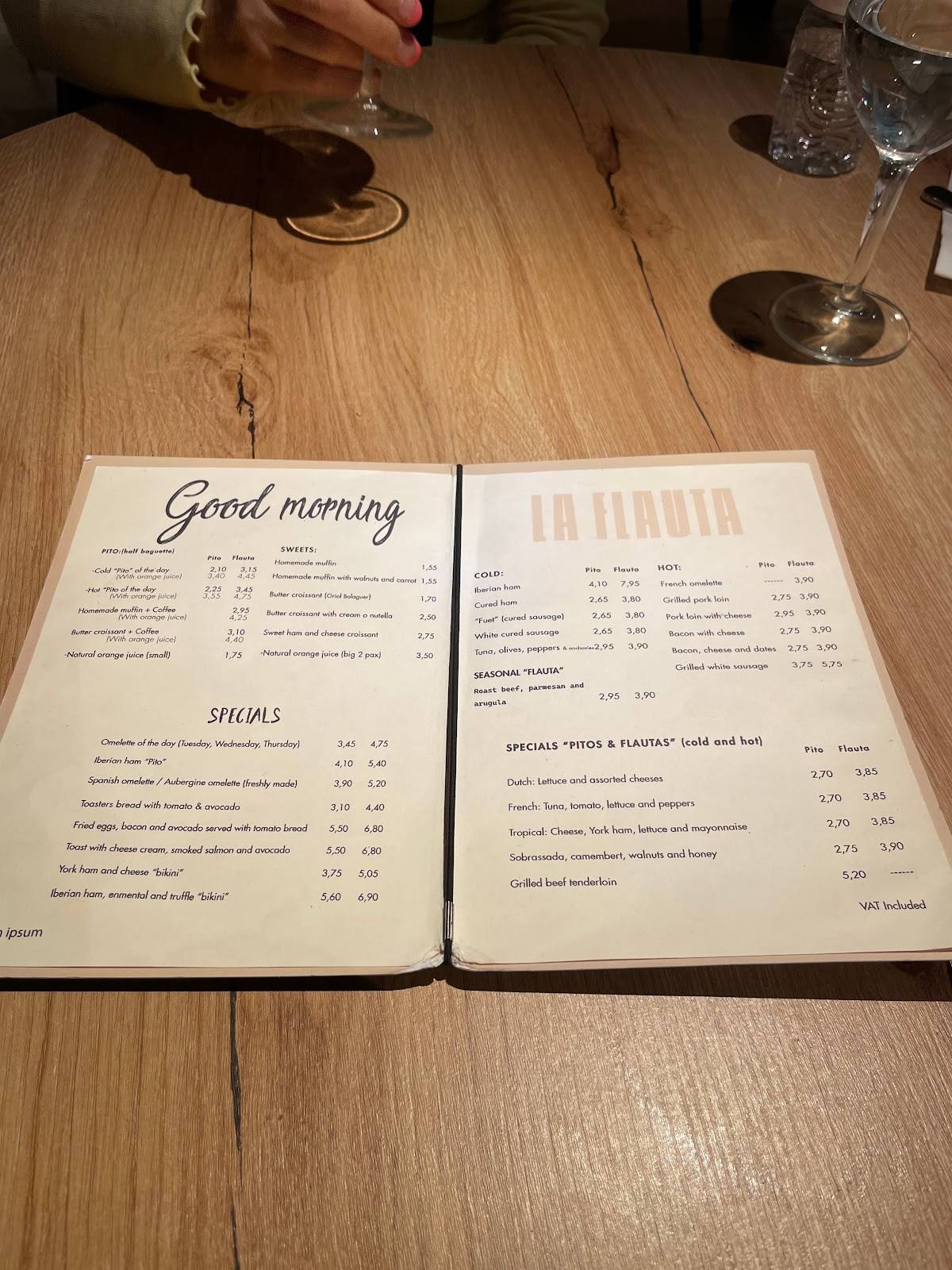 Carta de Restaurant La Flauta, Barcelona, Rambla de Catalunya