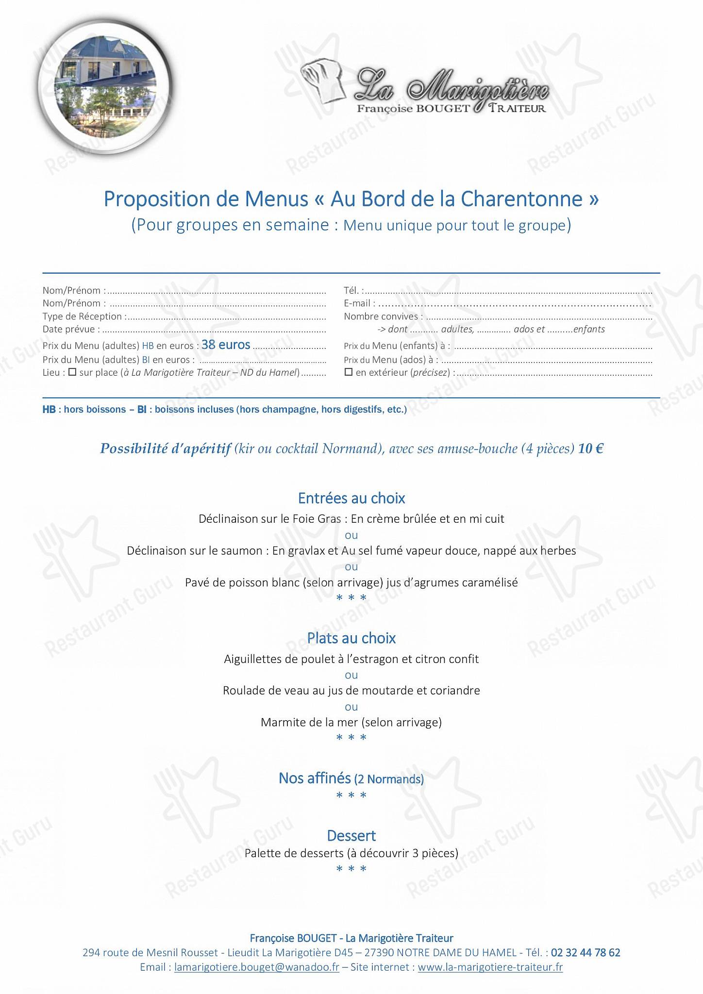 Menu au La Marigotière Bouget restaurant, NotreDameduHamel