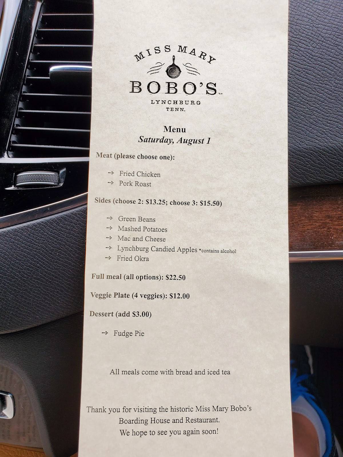 Menu at Miss Mary Bobo's Restaurant, Lynchburg