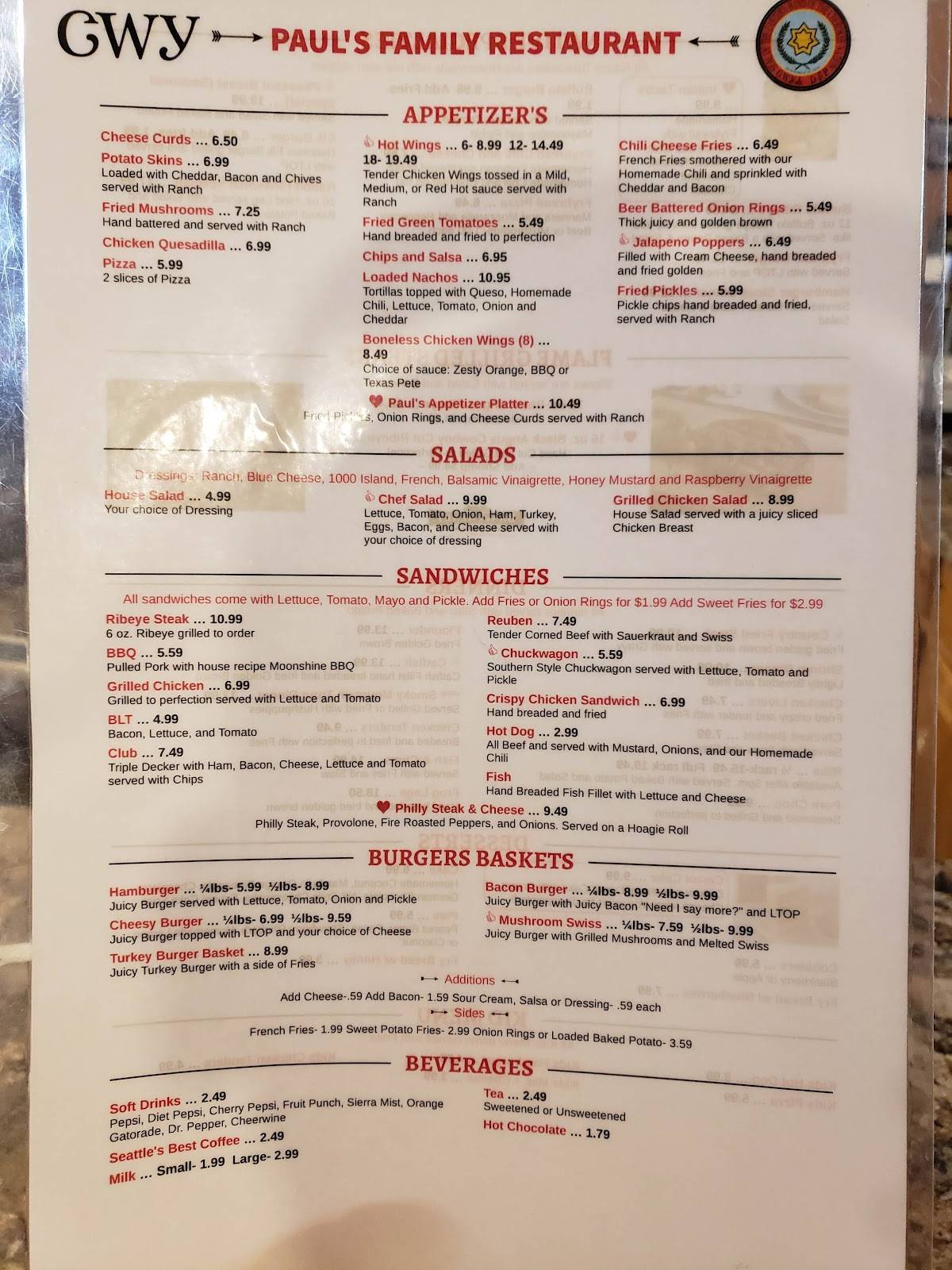 Menu at Paul's Family Restaurant, Cherokee