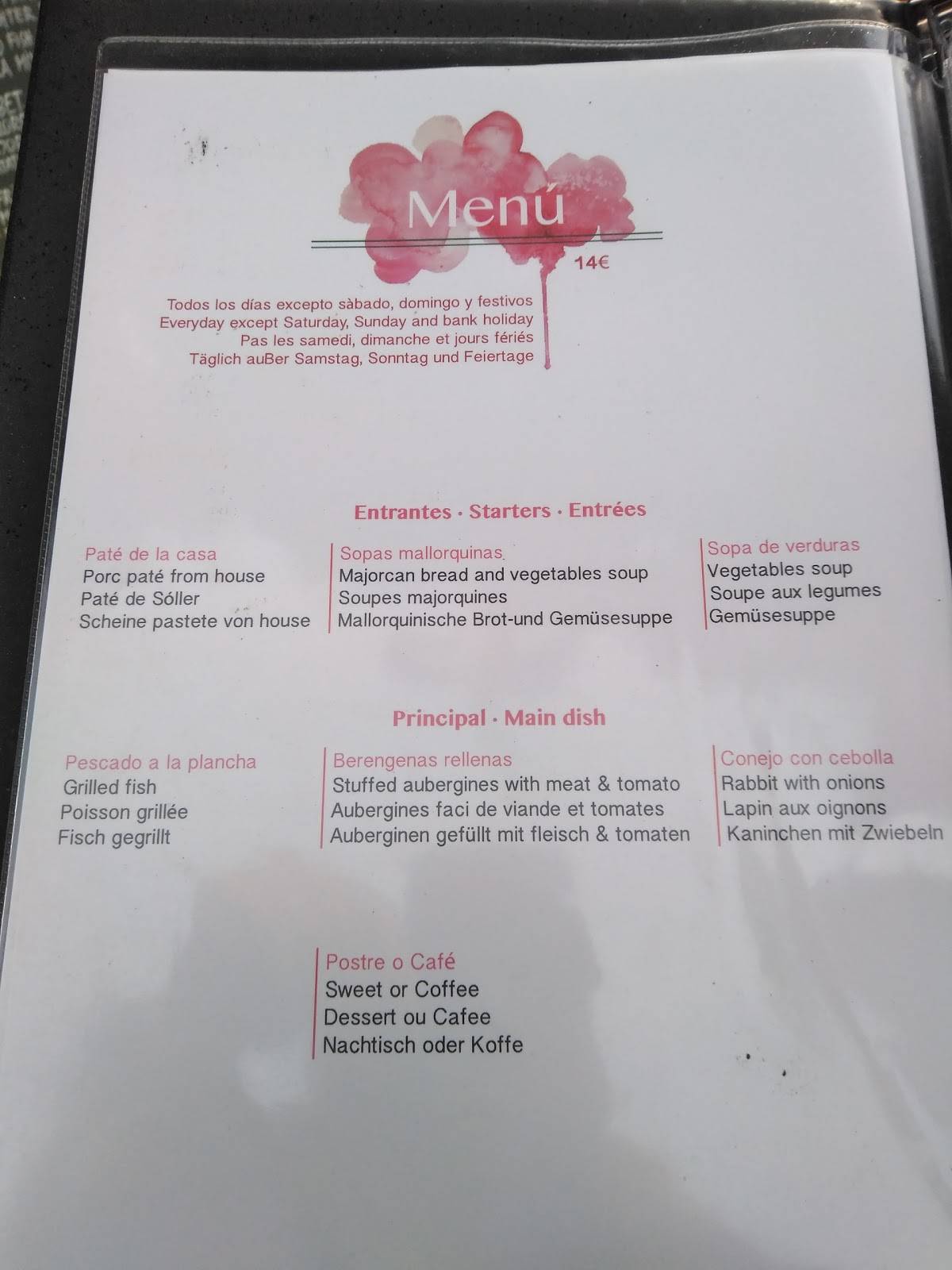 Carta de Restaurante Campo Sol, Sóller