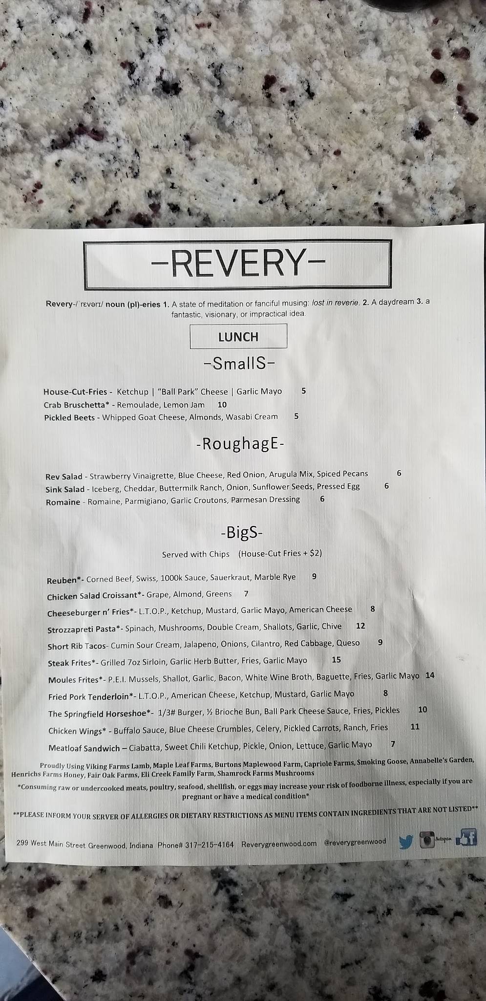 Menu at Revery restaurant, Greenwood