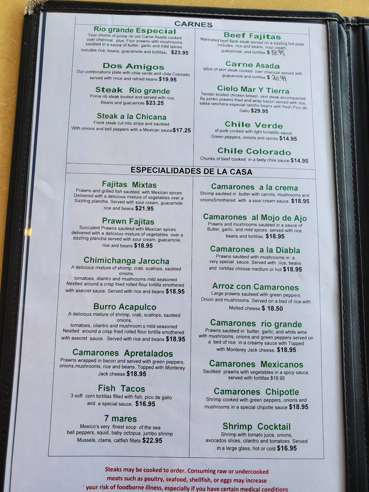 Menu at Rio Grande restaurant, Coulee Dam