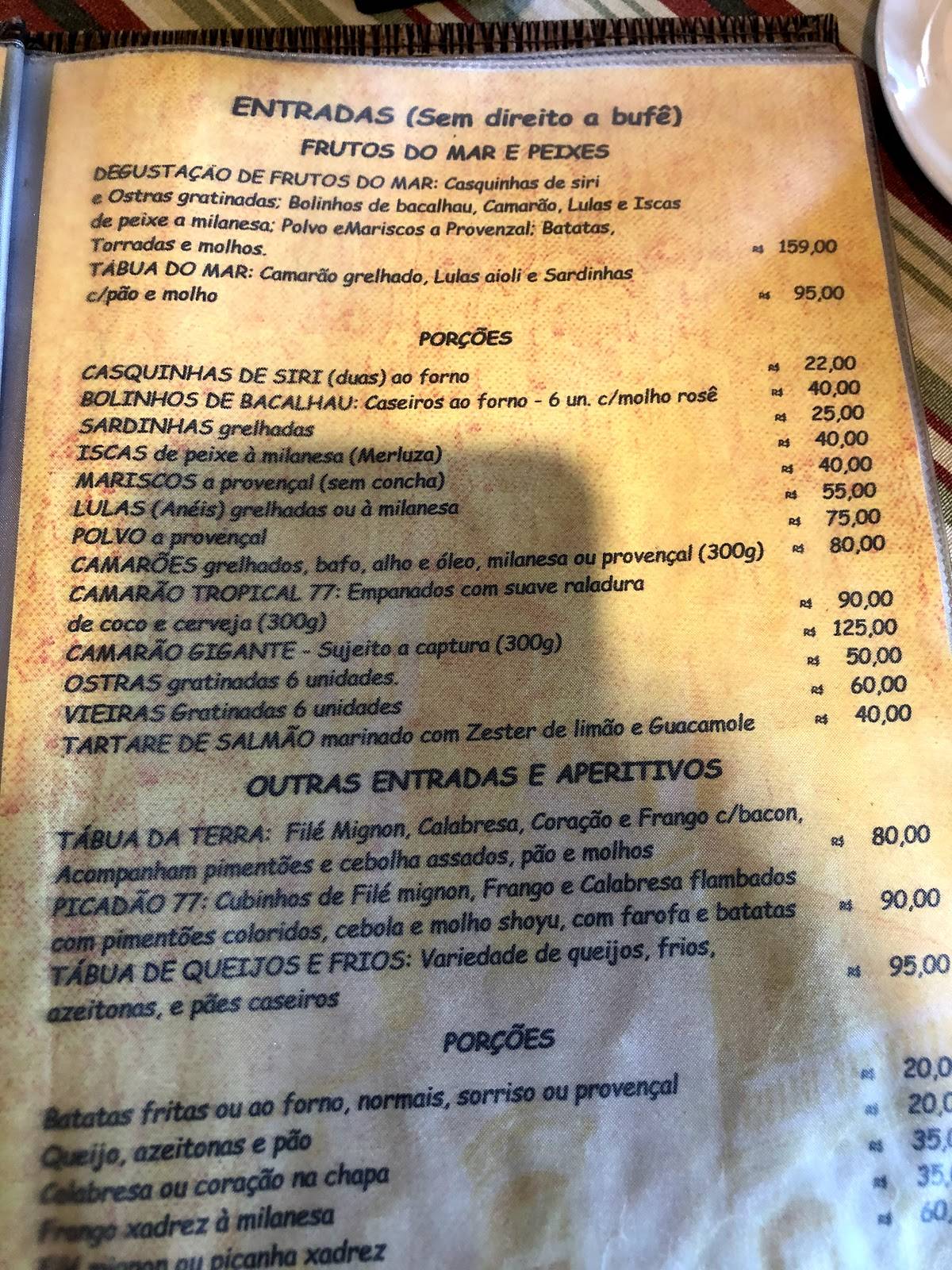 Menu em Setentaesete restaurante, Garopaba
