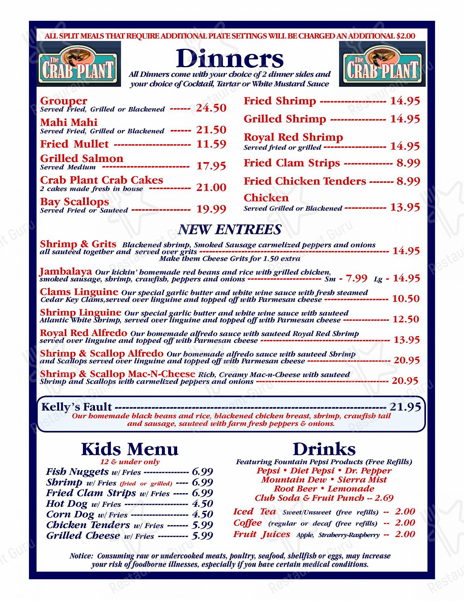 Menu at The Crab Plant restaurant, Crystal River
