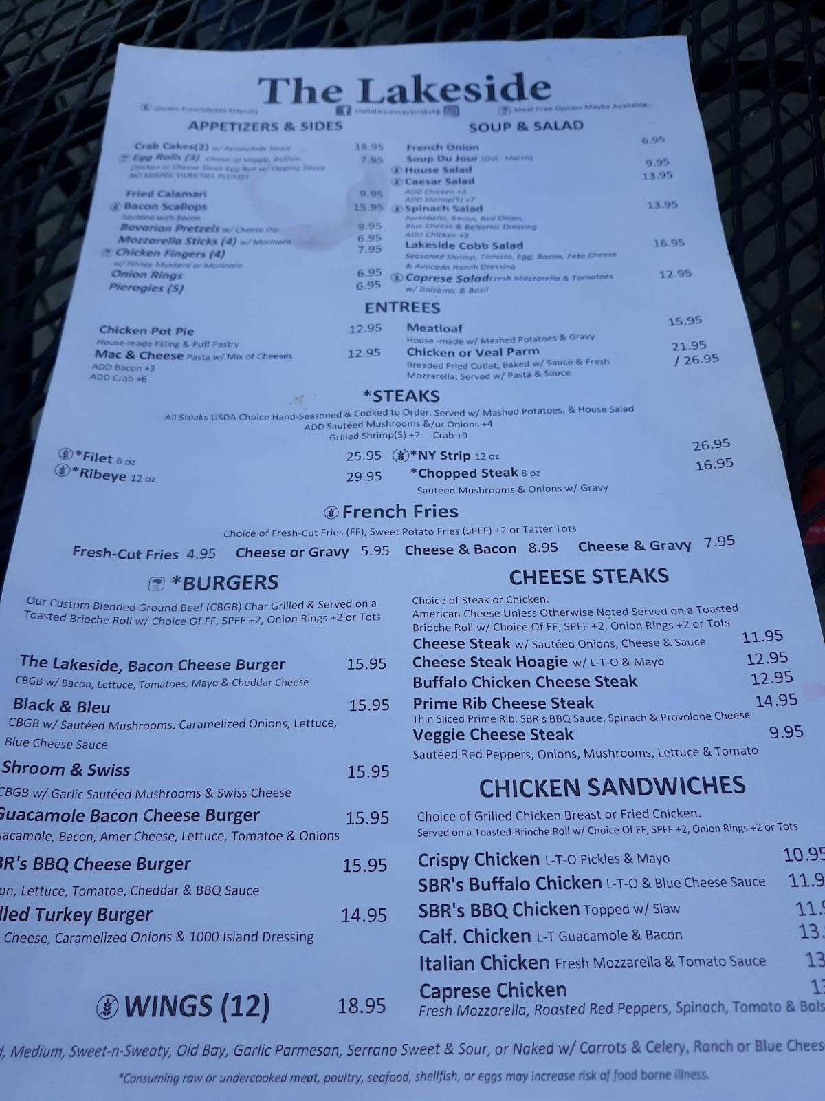 Menu at The Lakeside restaurant, Saylorsburg