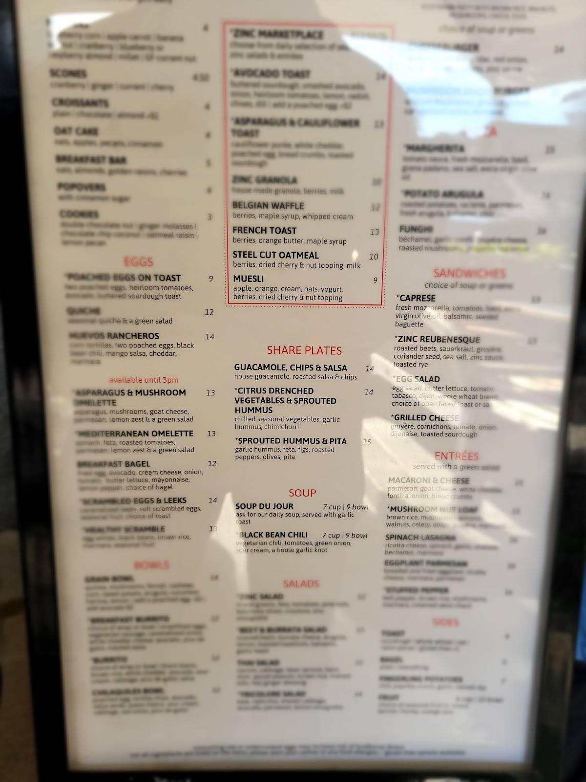 Menu at Zinc Café & Market restaurant, Laguna Beach