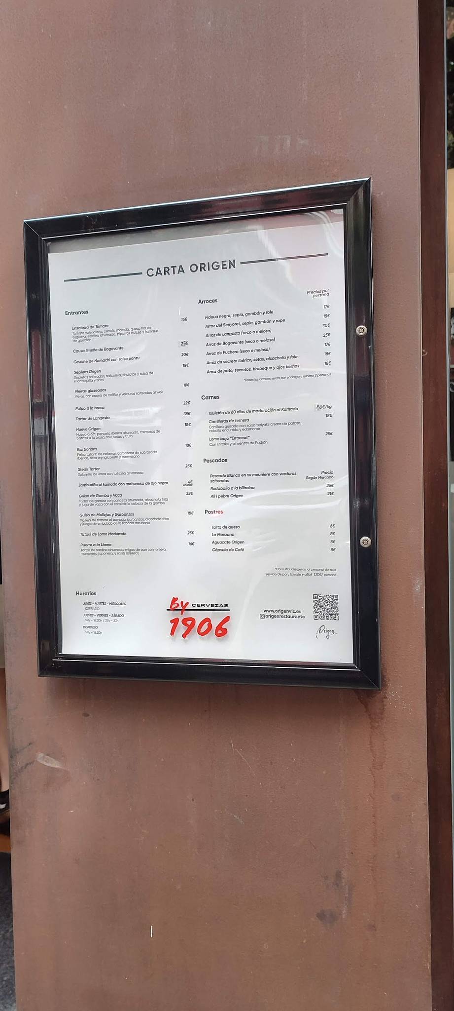 Carta De Restaurante Origen Valencia