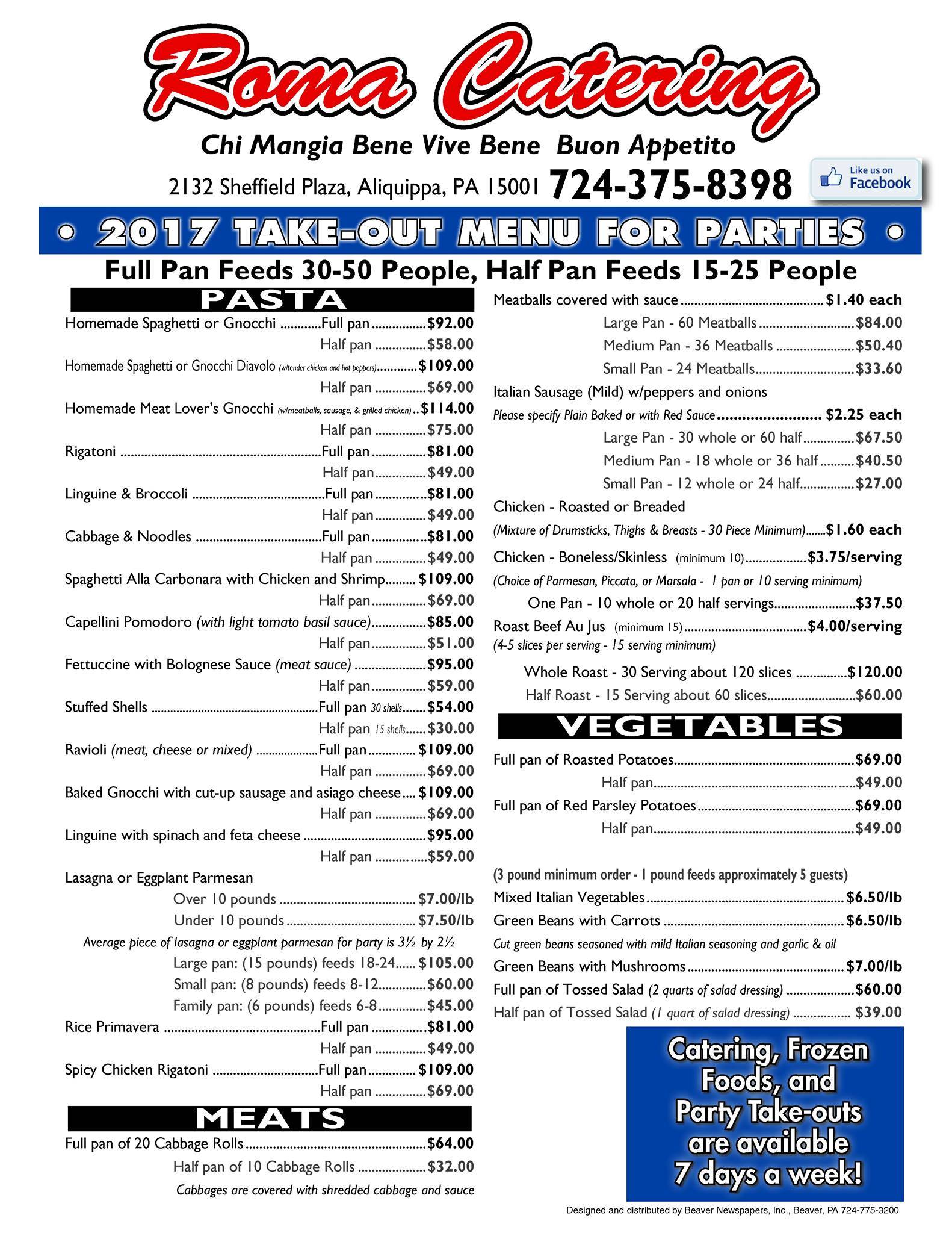 Menu at Roma Catering restaurant, Aliquippa