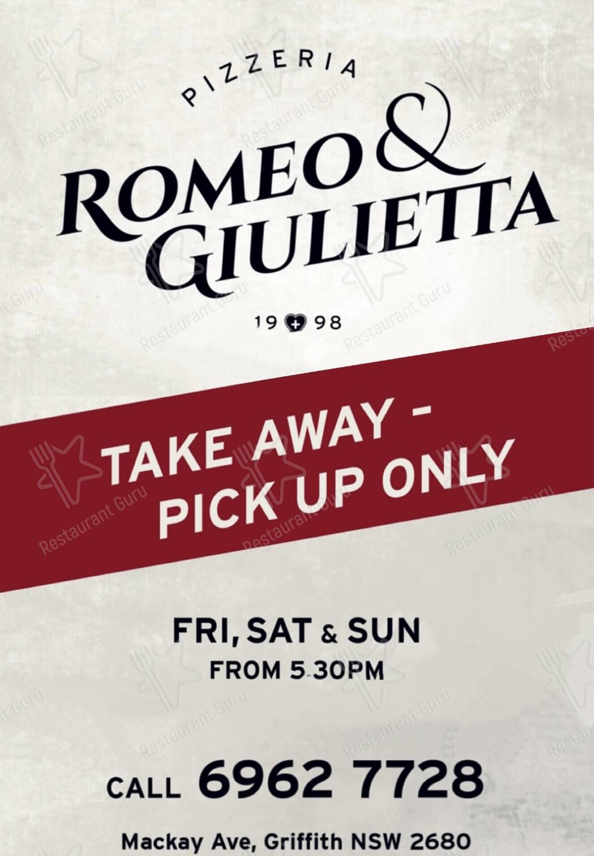 Menu at Romeo & Giulietta Restaurant, Griffith