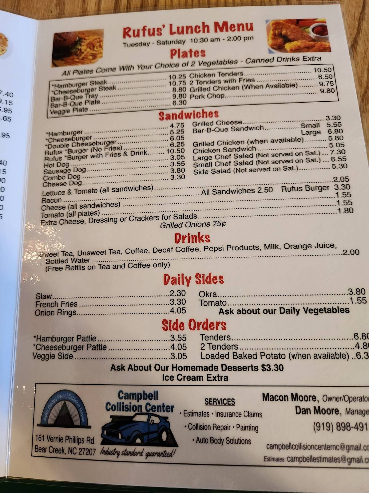 Menu at Rufus' Restaurant, Goldston