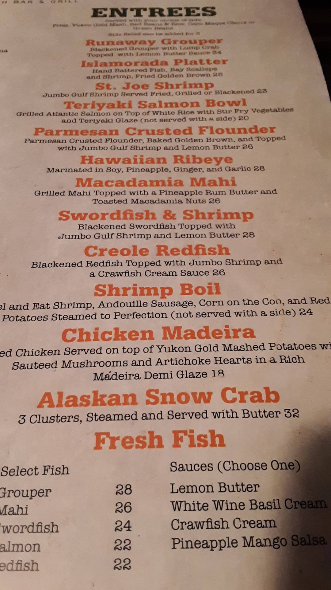 Menu at Runaway Island pub & bar, Panama City Beach