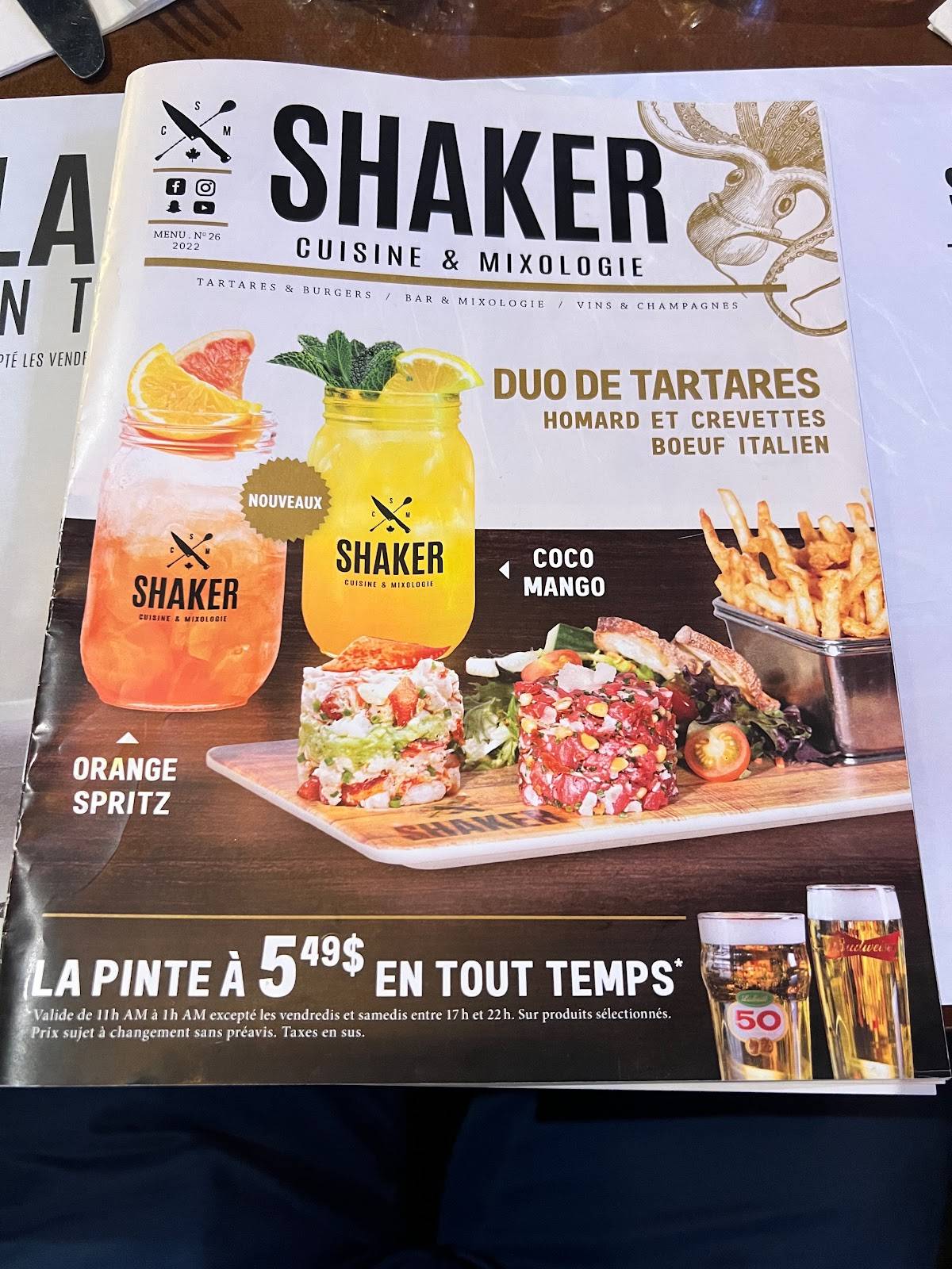 Menu au SHAKER Cuisine & Mixologie Charlesbourg pub et bar, Québec