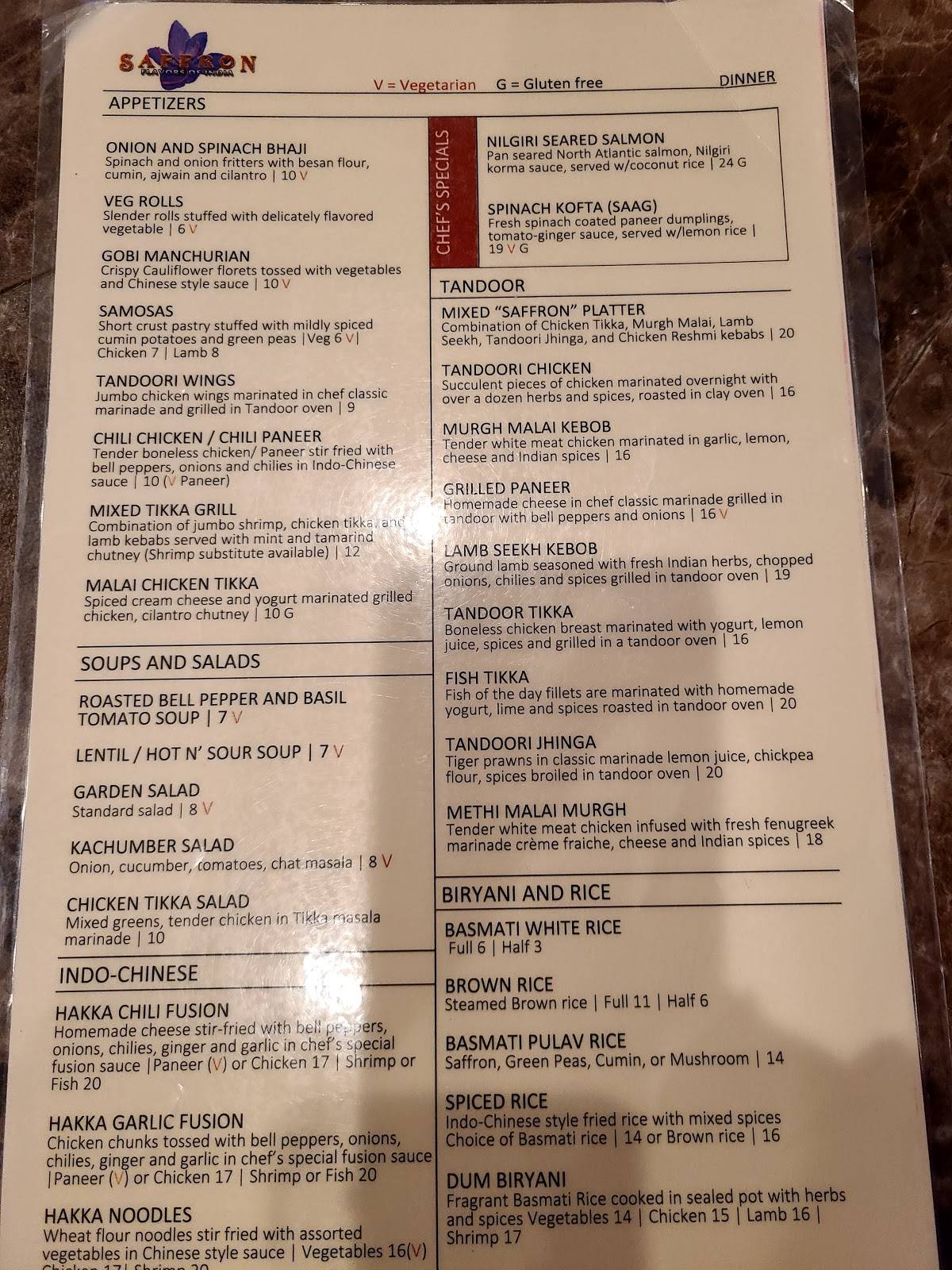 Menu at Saffron Flavors of India restaurant, Las Vegas, N Tenaya Wy