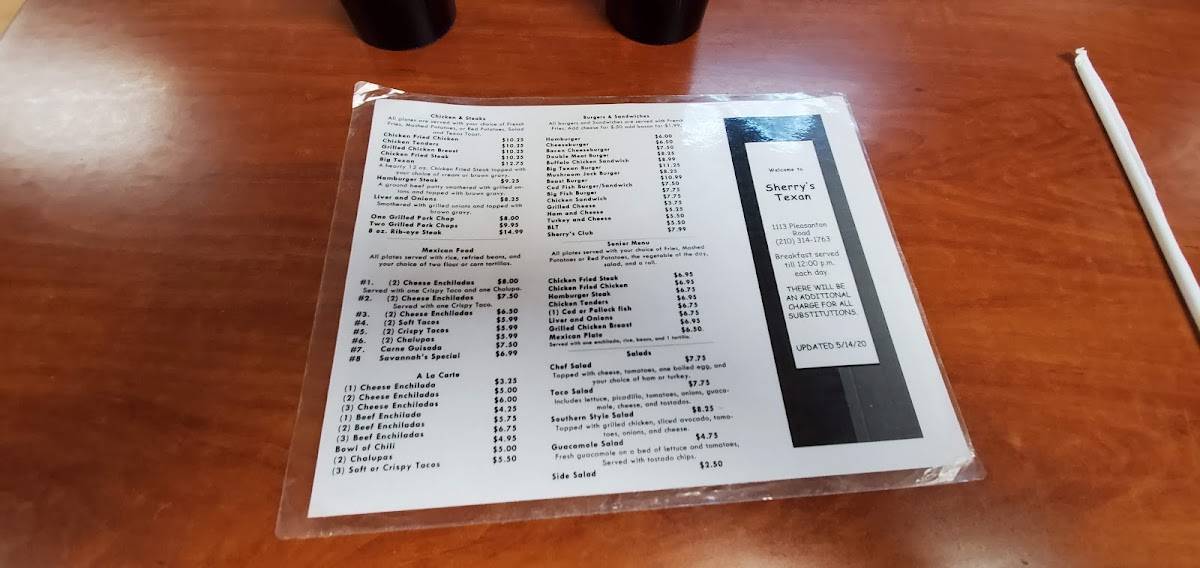 Menu at Sherry's Texan Seafood Restaurant, San Antonio, Pleasanton Rd