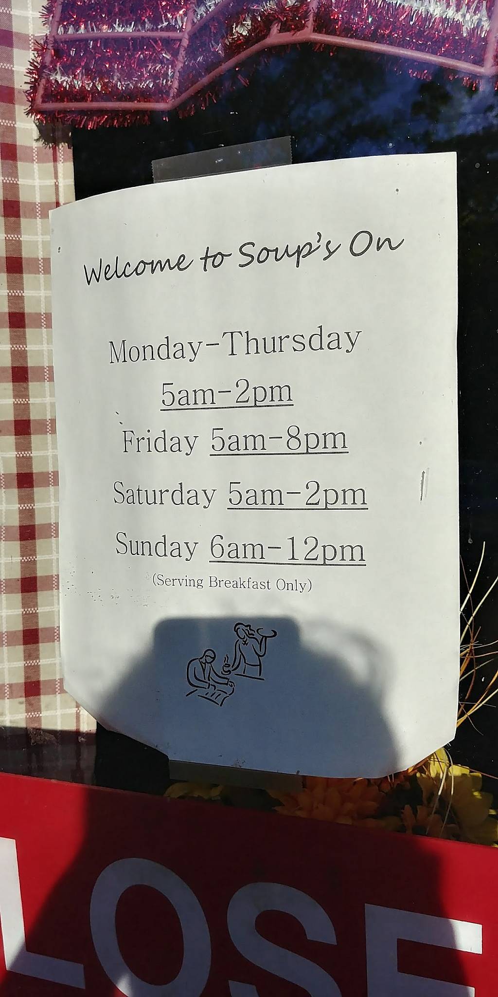 Menu at Soup's On restaurant, Fort Atkinson