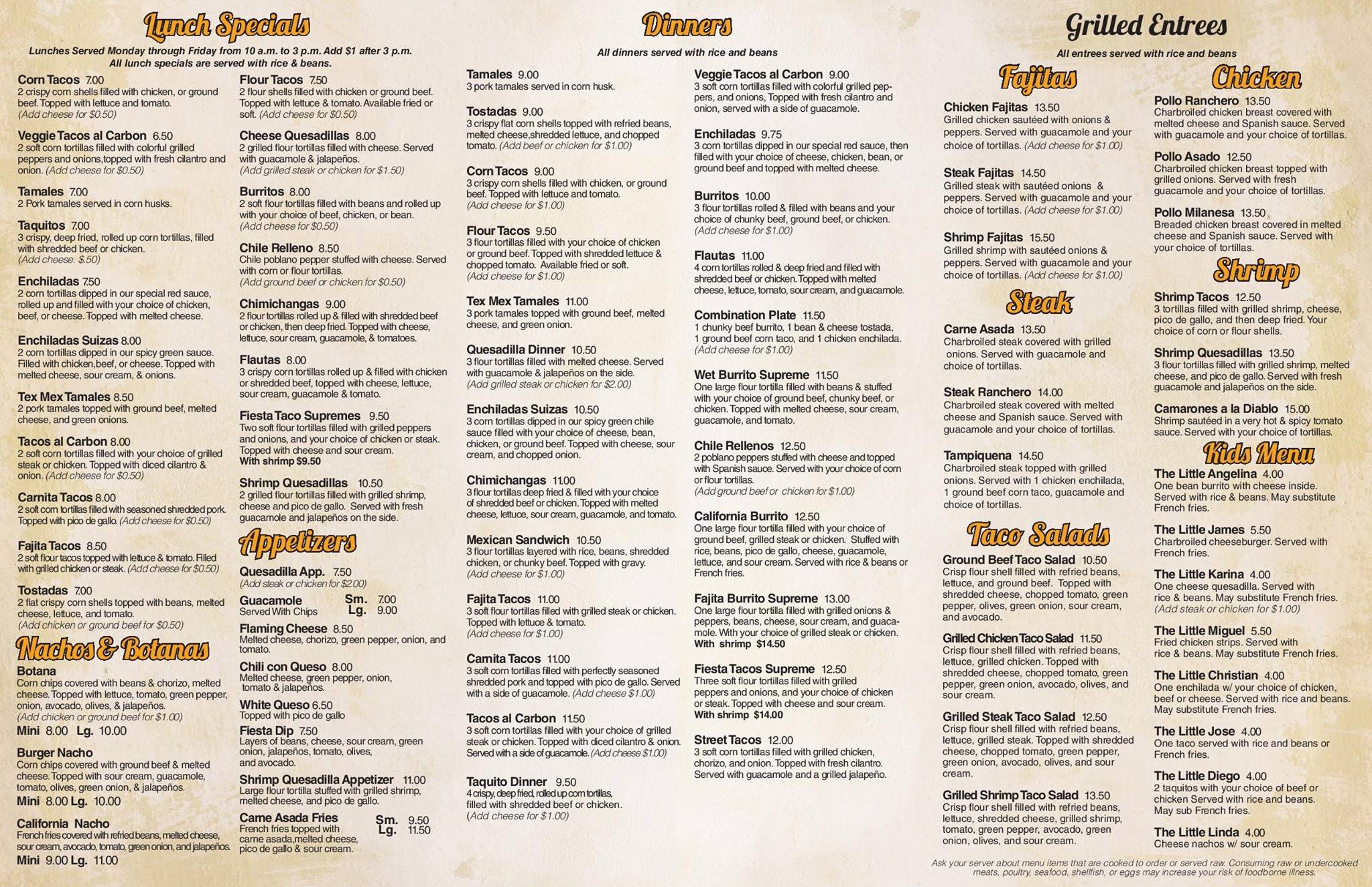 Menu at Angelina's Mexican Restaurant, Southgate