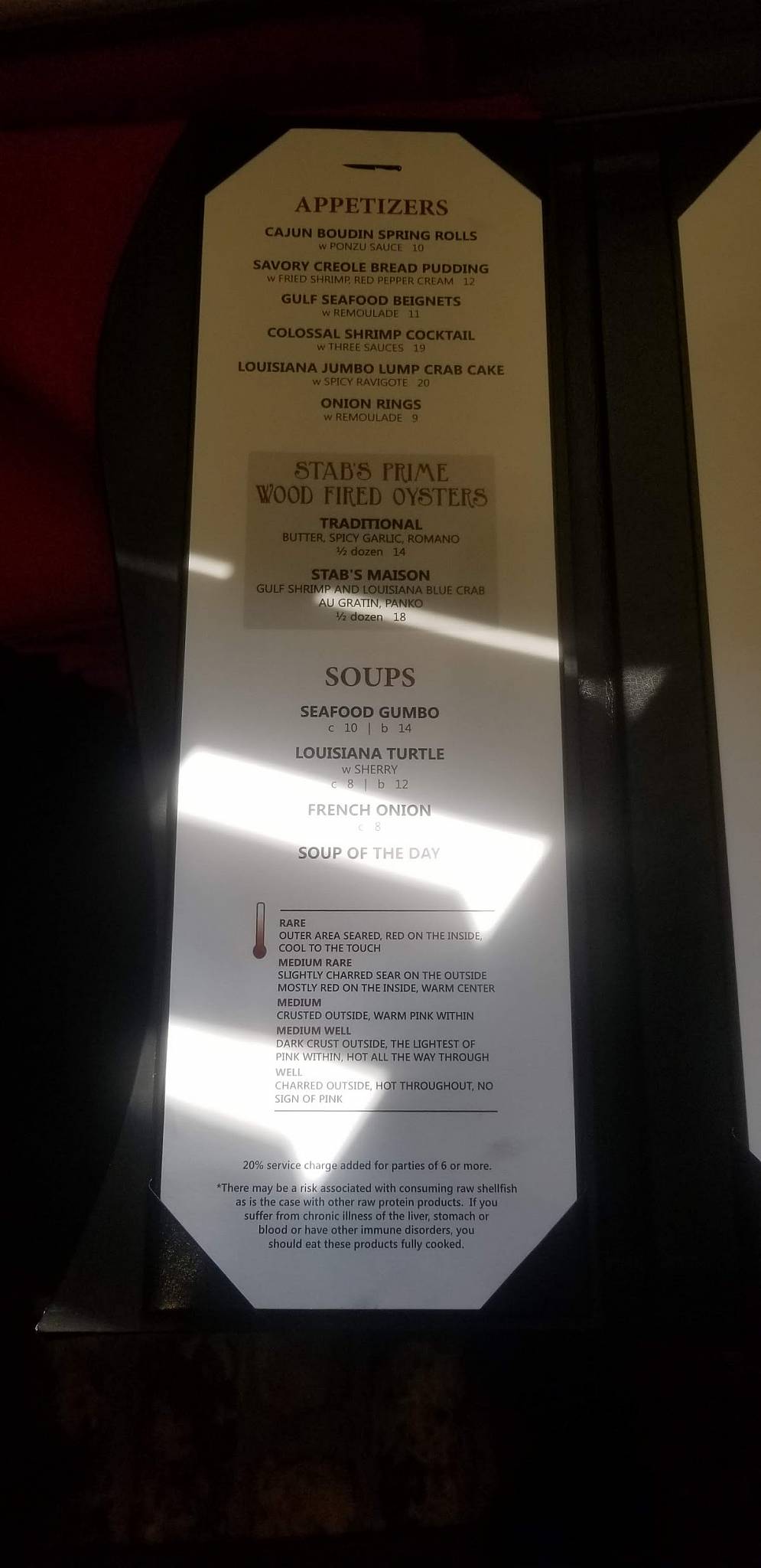 Menu at Stab's Prime Steak and Seafood steakhouse, Baton Rouge