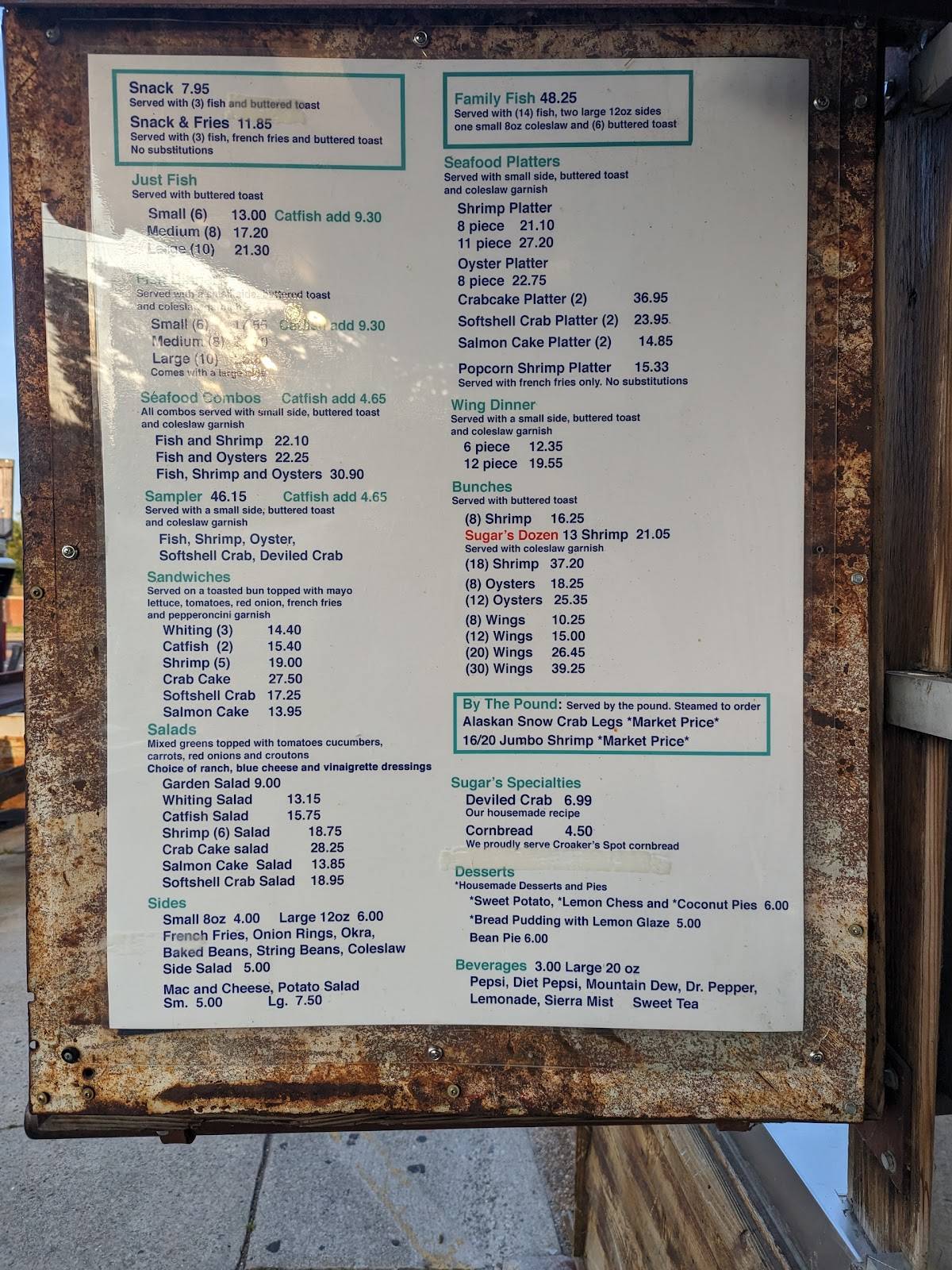 Menu at Sugar's Crab Shack restaurant, Richmond