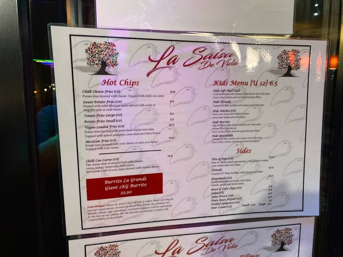 Menu at La Salsa De Vida Mexican restaurant, Nambour